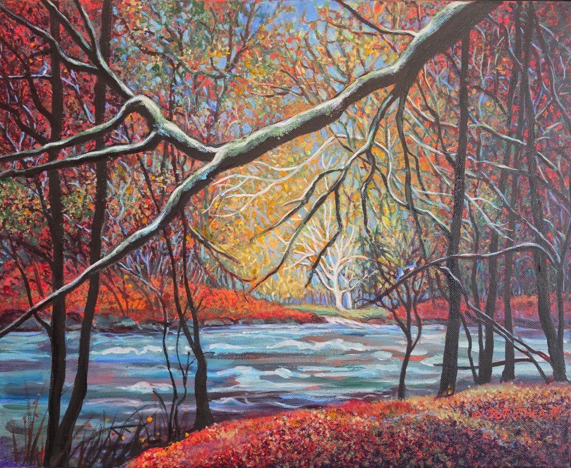  Title: Dancing Leaves, Medium: Acrylic, Date: 2014, Notes: Fall scene by river 