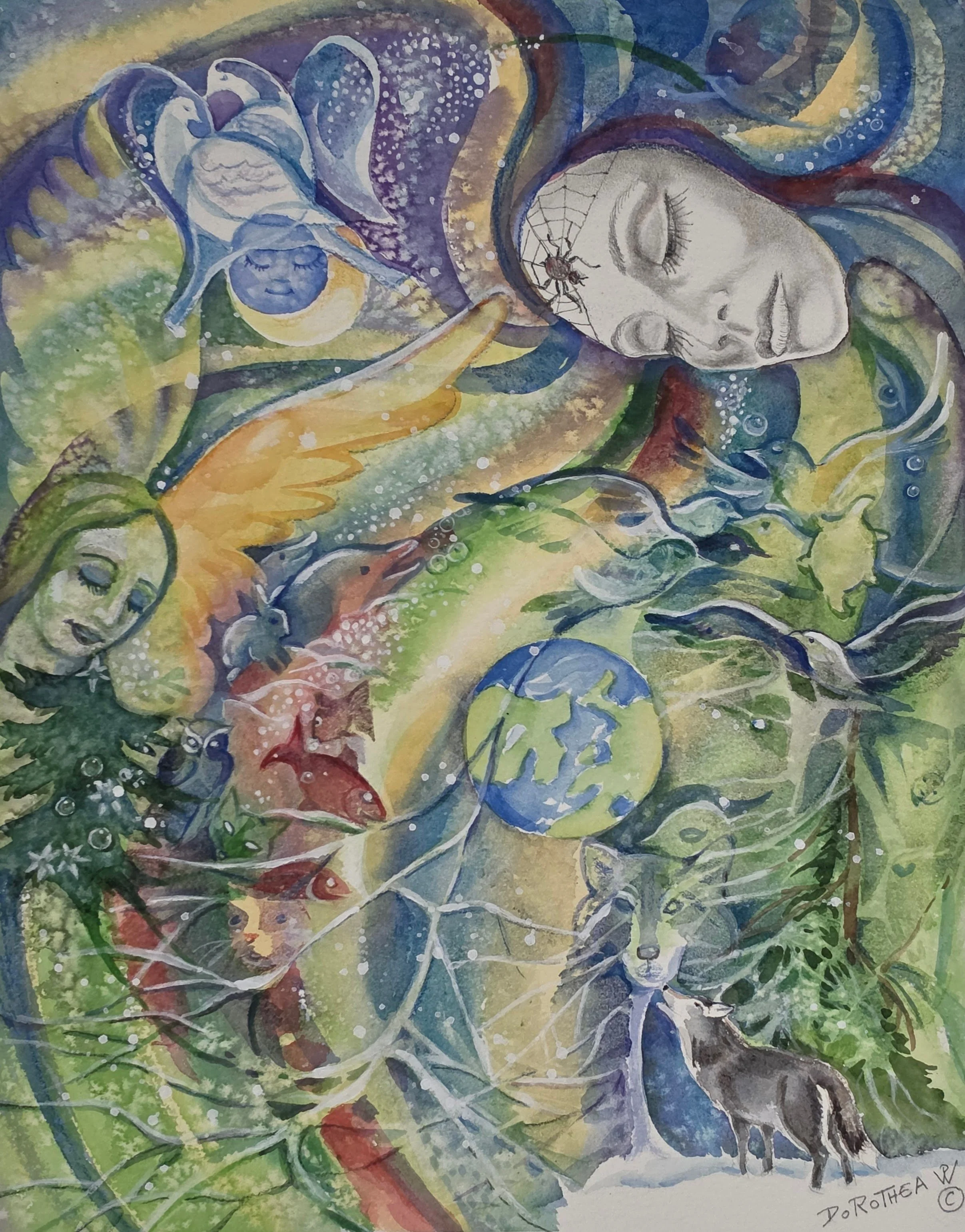  Title: Dream Weaver, Medium: Watercolour, Date:2016, Notes: Woman with spider on face, spinning web around the earth 