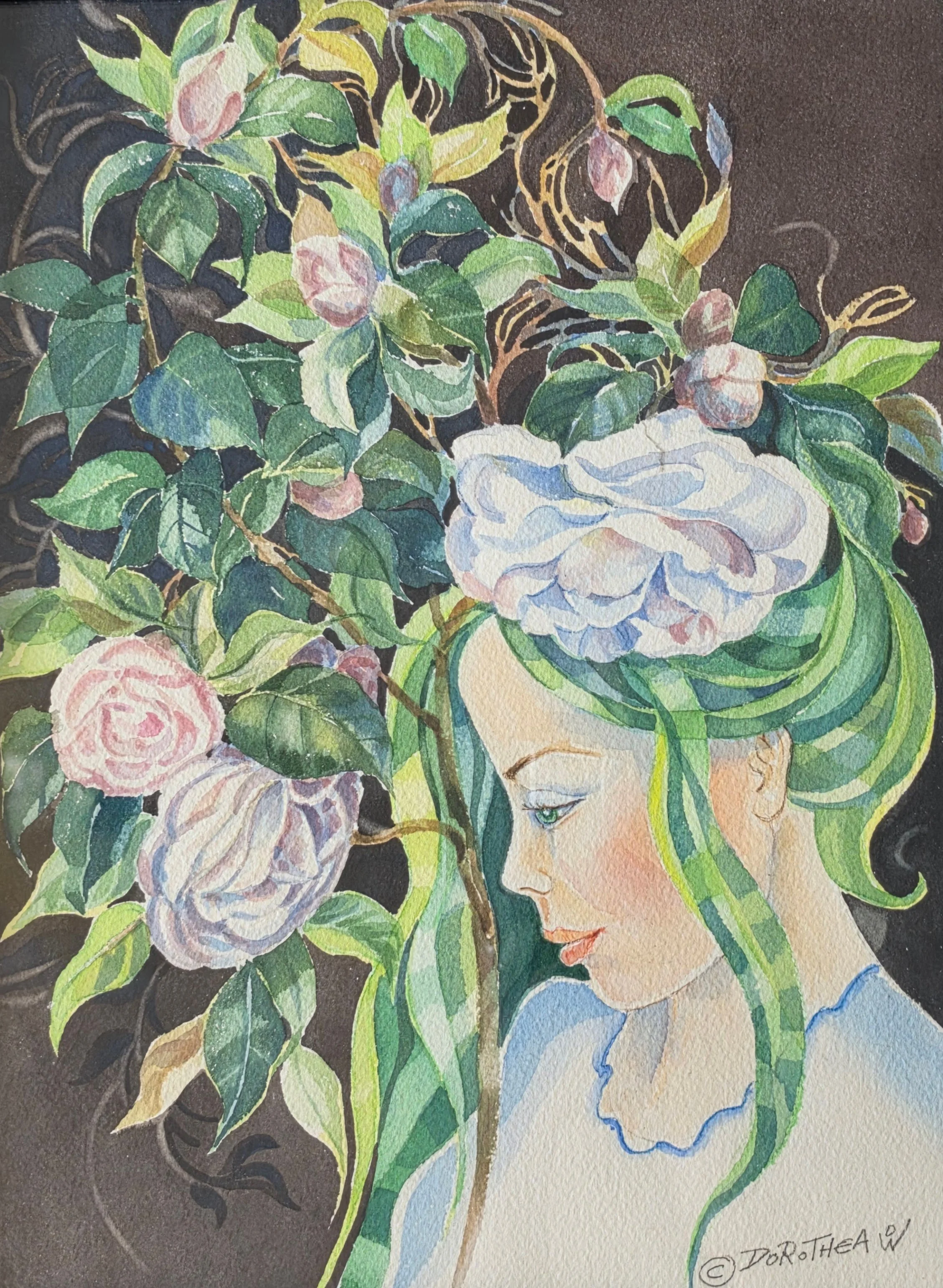  Title: Girl Dreaming, Medium: Watercolour, Date: 2010, Notes: Girl with flowers in her green hair 