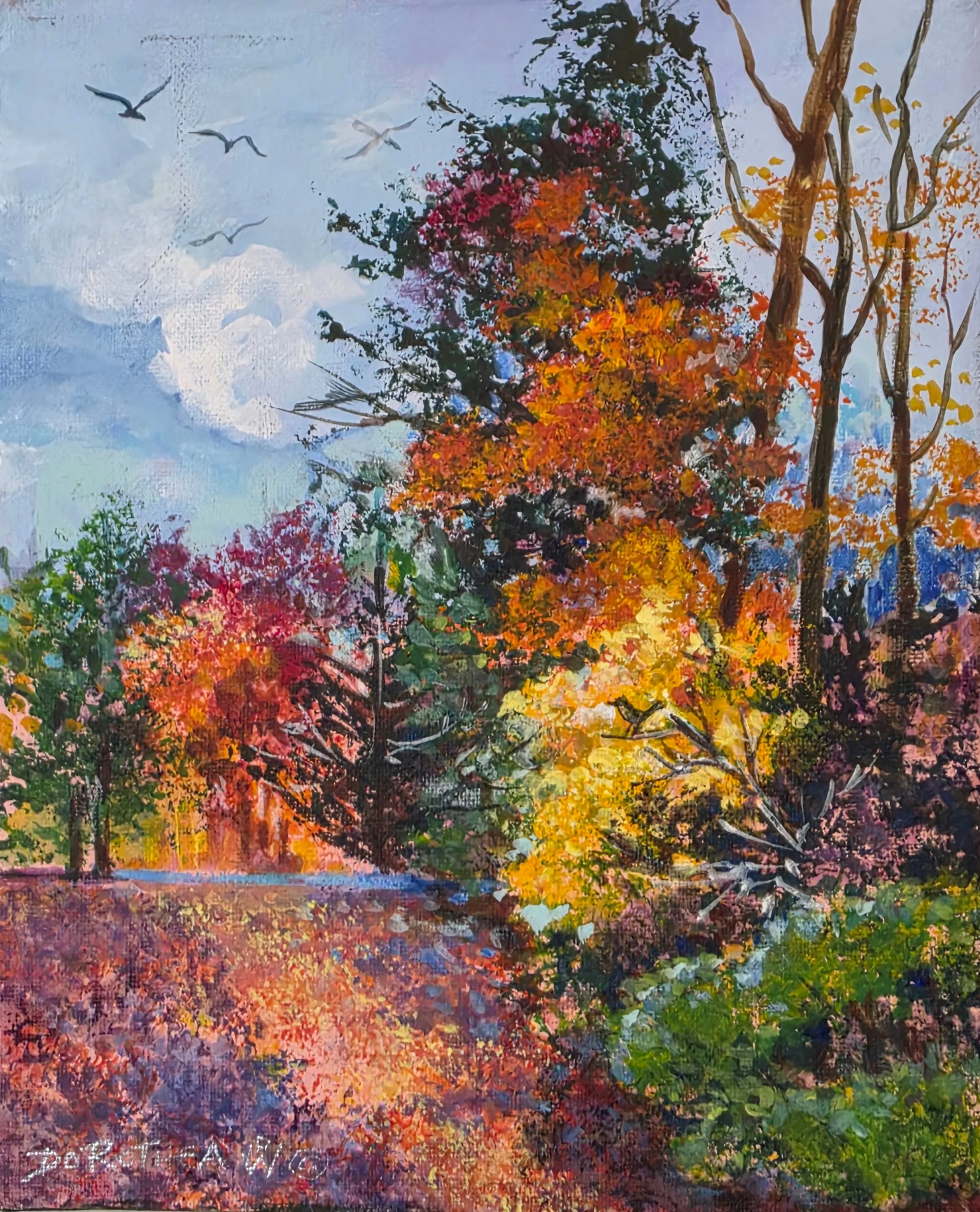  Title: In Nature, Medium: Acrylic, Date: 2023,  Notes: Small piece, fall scene with birds flying 