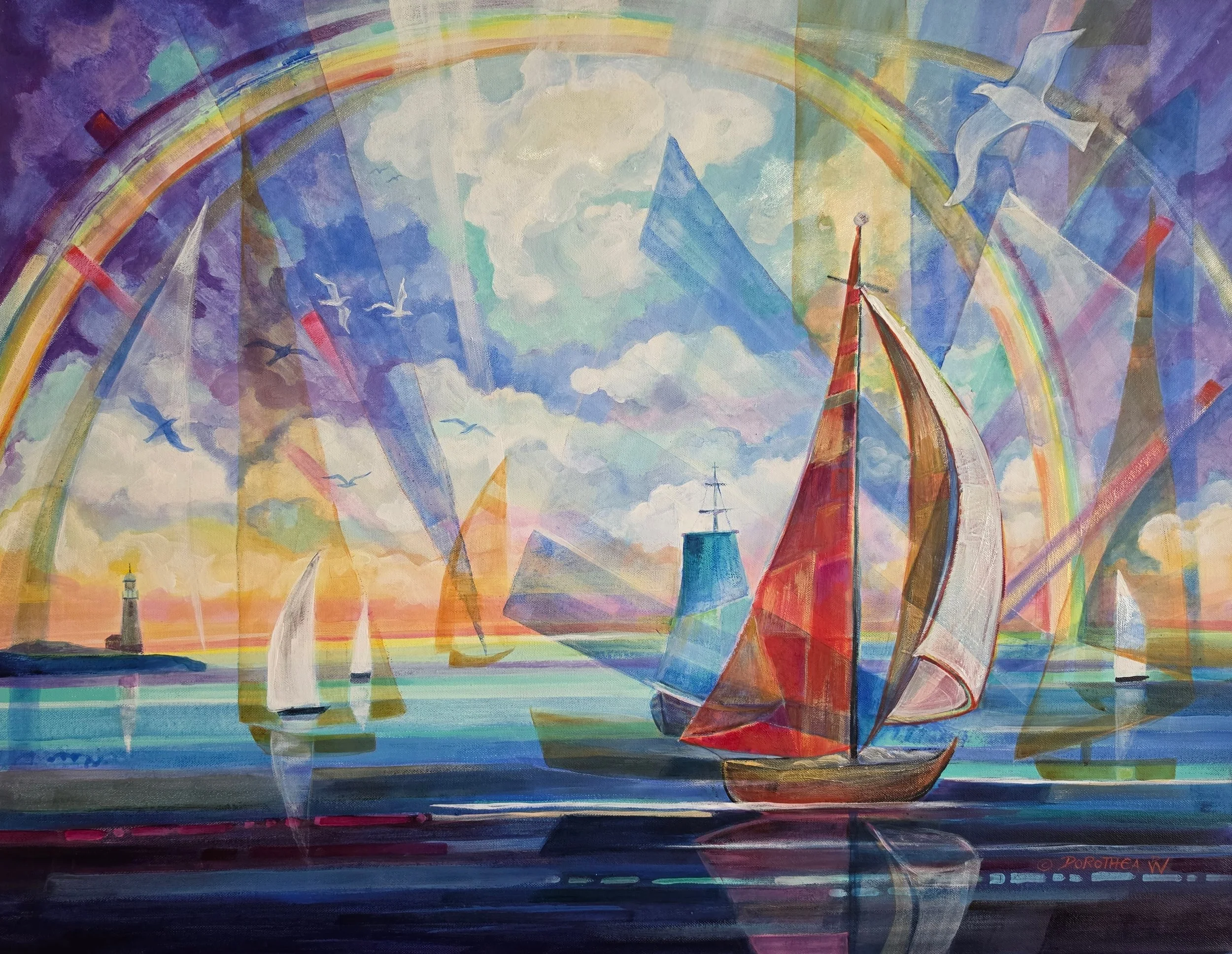  Title: Magical Day at the Beach, Medium: Acrylic, Date: 2024, Notes: Multiple boats on the bay 