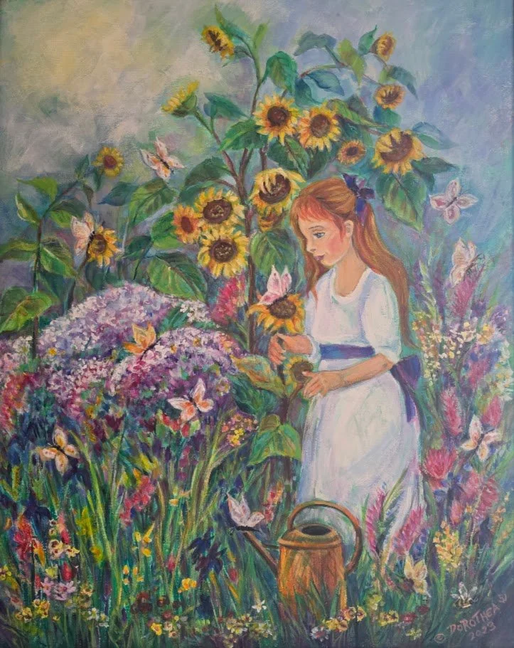  Title: My Crazy Butterfly Garden, Medium: Acrylic, Date: 2020, Notes: Woman in flower garden with butterflies 