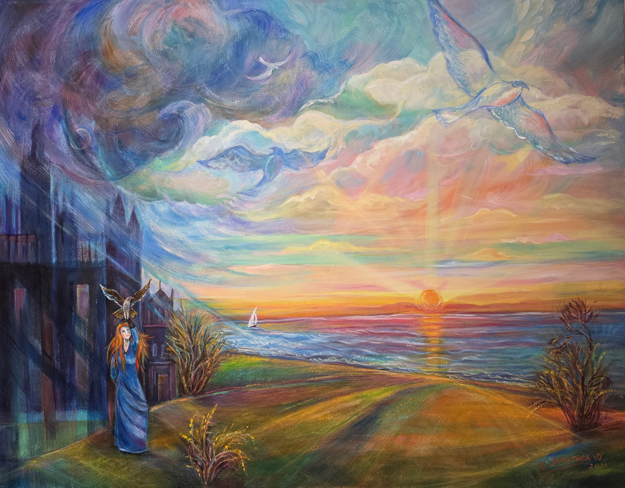  Title: My Flight Into Freedom, Medium: Acrylic, Date: 2021, Notes: Woman releasing falcon 