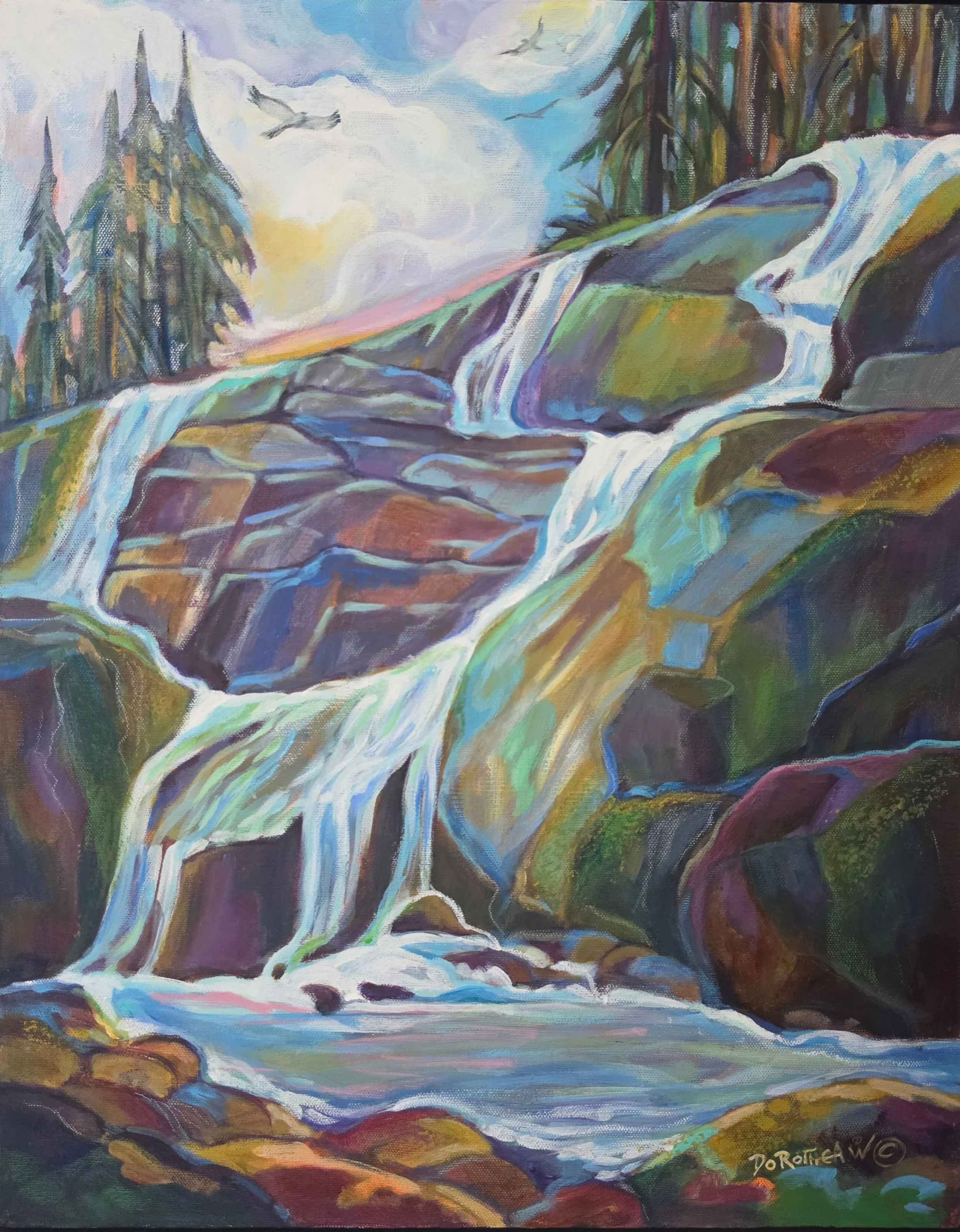 Title: Northern Falls, Medium: Arcylic, Date: 2011, Notes: Waterfall cascading down rock face with falcon 