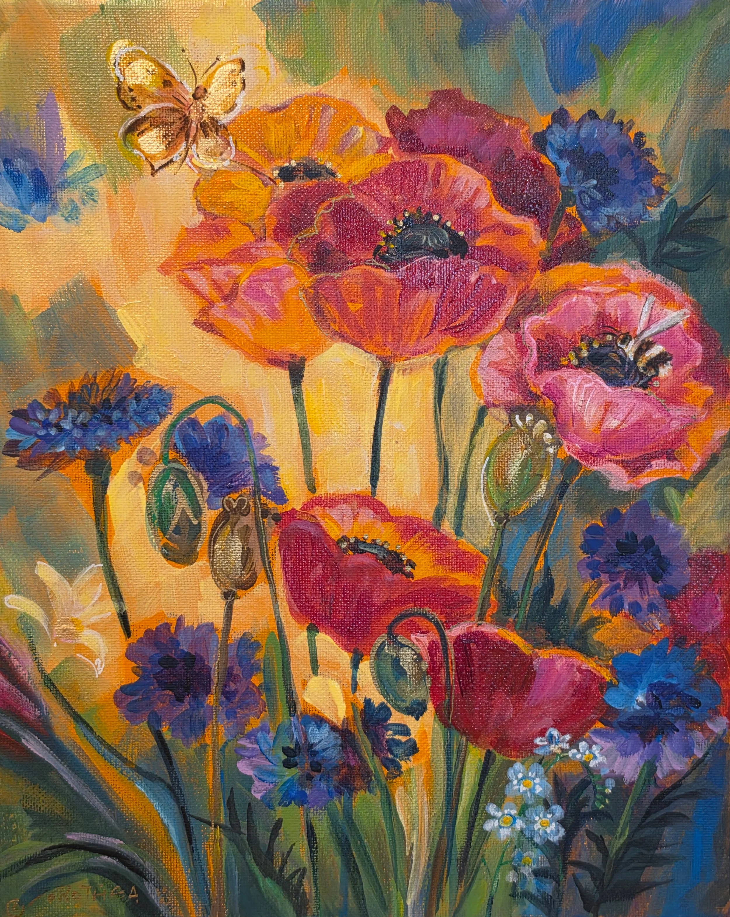  Title: Poppies in the Field, Medium: Acrylic, Date: 2026, Notes: Poppies with buttery 