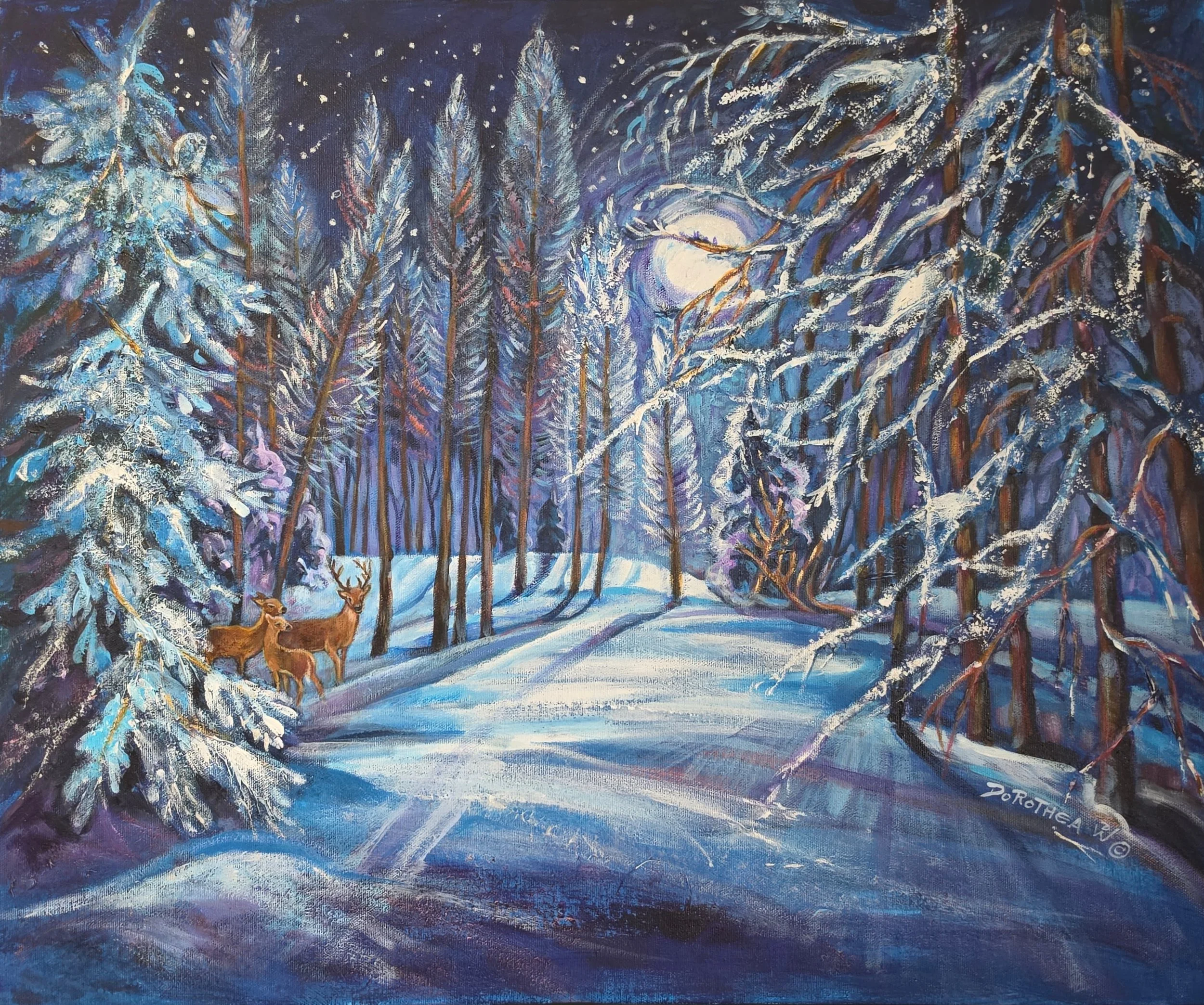  Title: Silver Moon, Medium: Acrylic, Date: 2009, Notes: Winter scene at night with deer 