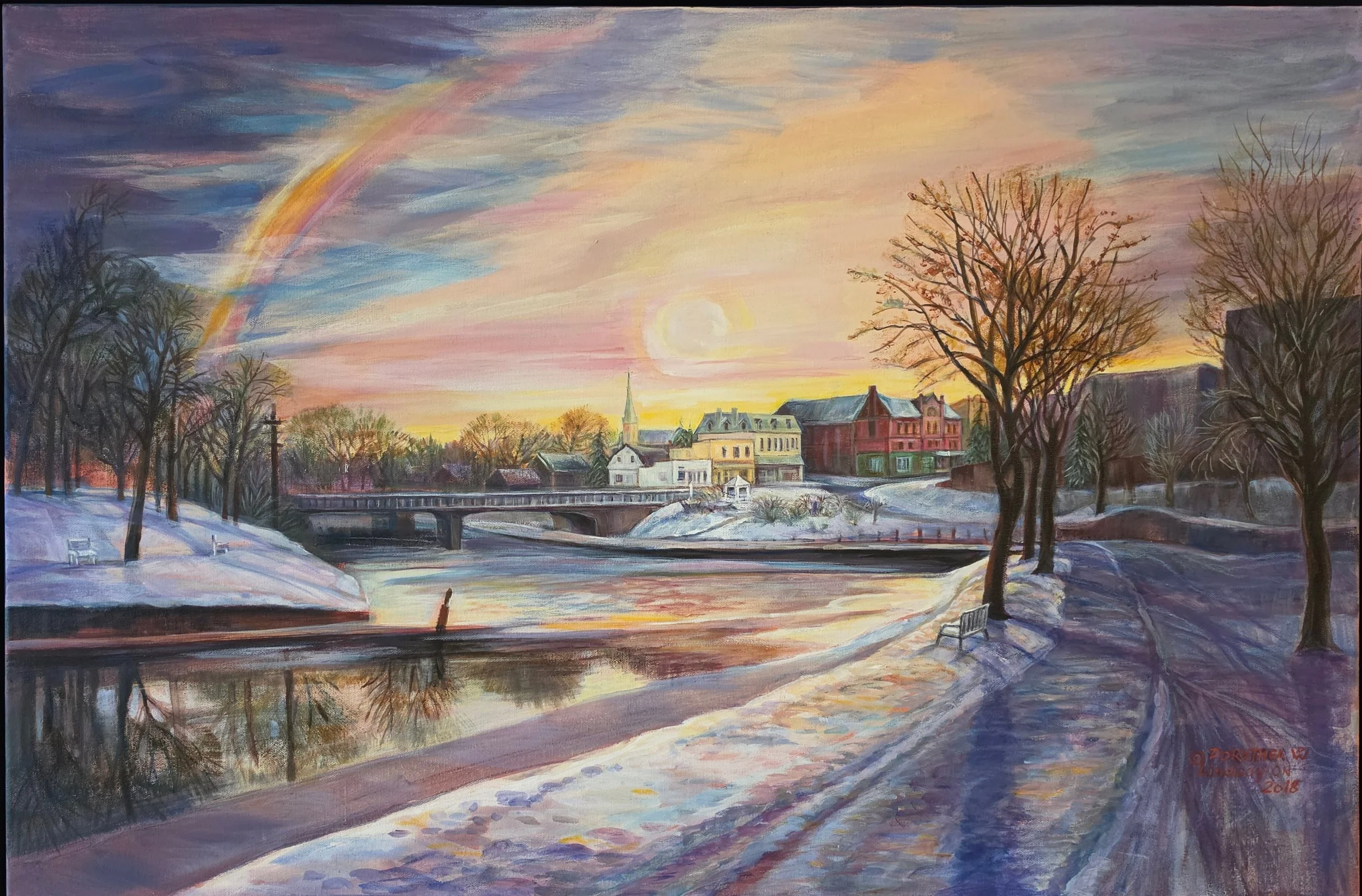  Title: Sunrise Over Scugog River, Medium: Acrylic, Date: 2018, Notes: Lindsay locks in winter time (won a peoples choice award in KAG juried show) 