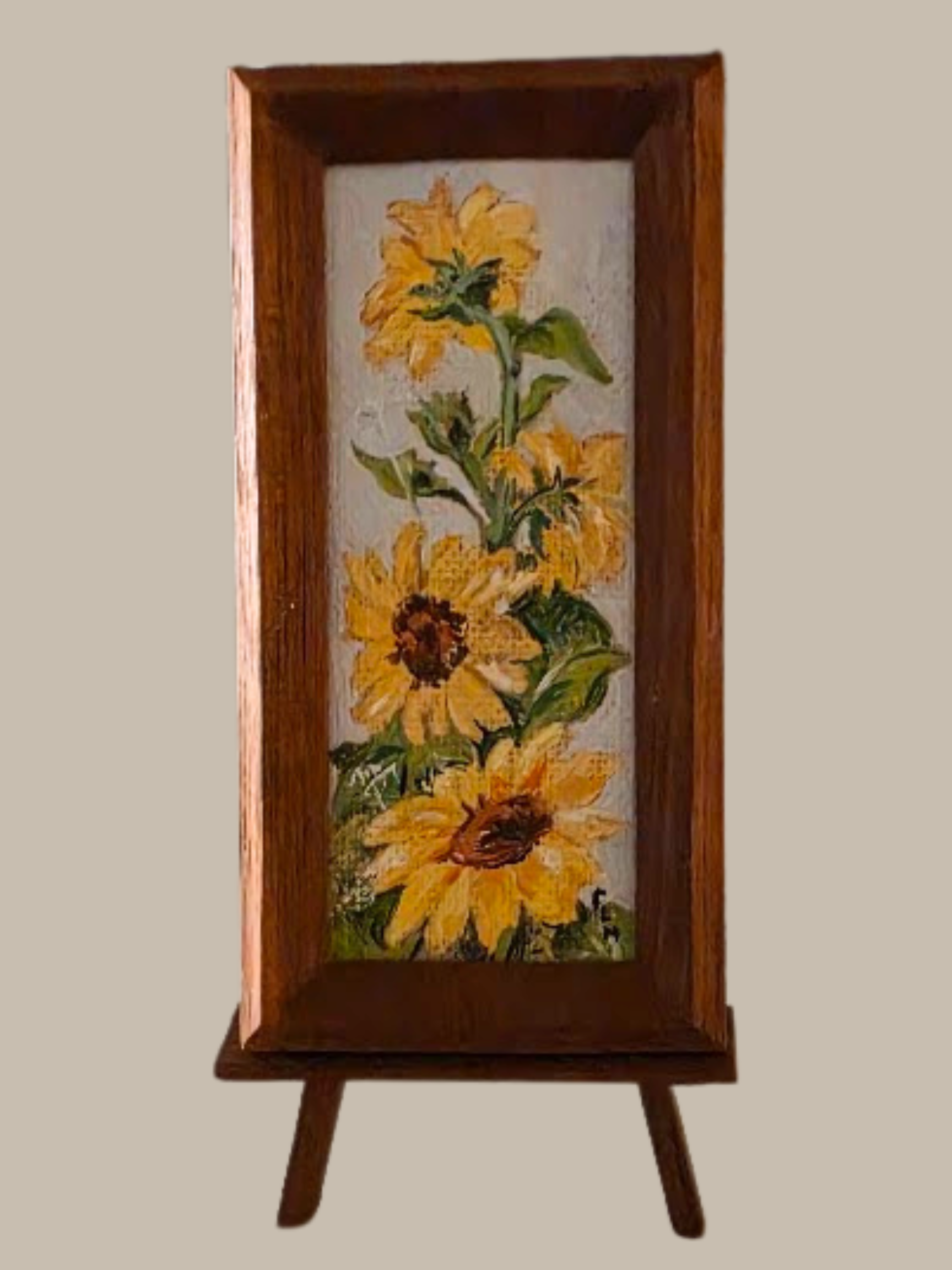 Title: Untitled, Medium: Oil framed in Black Walnut, Description: Four blooming sunflowers against a light background, painted by Frankie MacArthur and housed in a handcrafted rectangular wooden frame by Grant MacArthur 