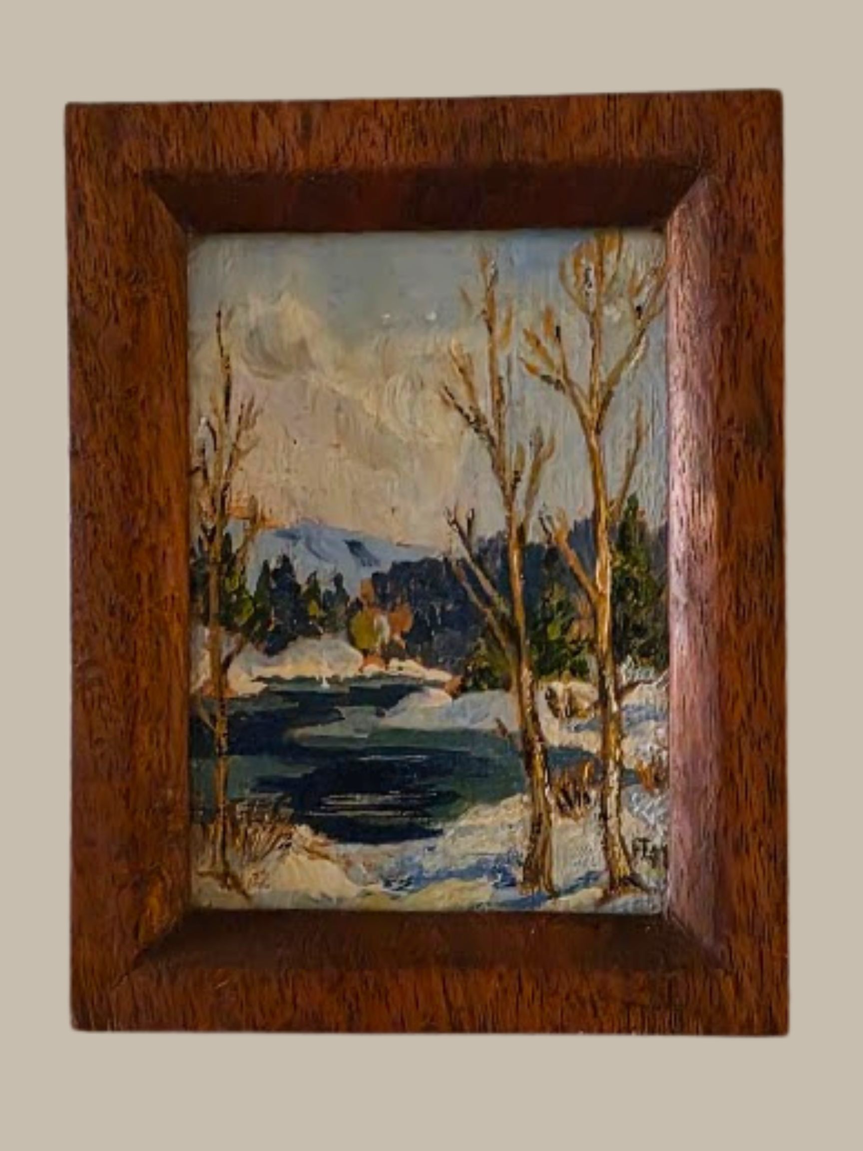  Title: Untitled, Medium: Oil framed in Black Walnut, Description: Winter scene by the water, painted by Frankie MacArthur, in a handcrafted rectangular black walnut frame by Grant MacArthur 