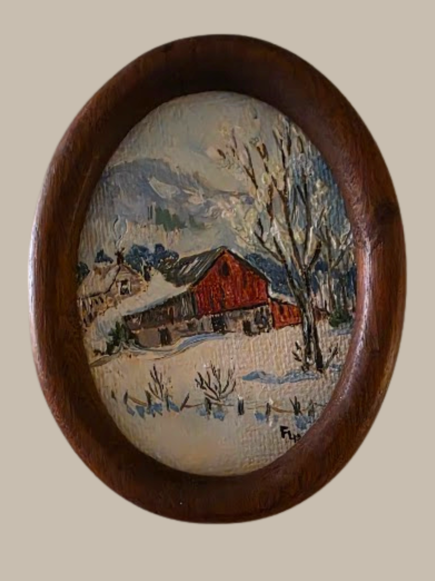 Title: Untitled, Medium: Oil framed in Black Walnut, Description: Winter scene with red barn, painted by Frankie MacArthur, in a handcrafted oval black walnut frame by Grant MacArthur 