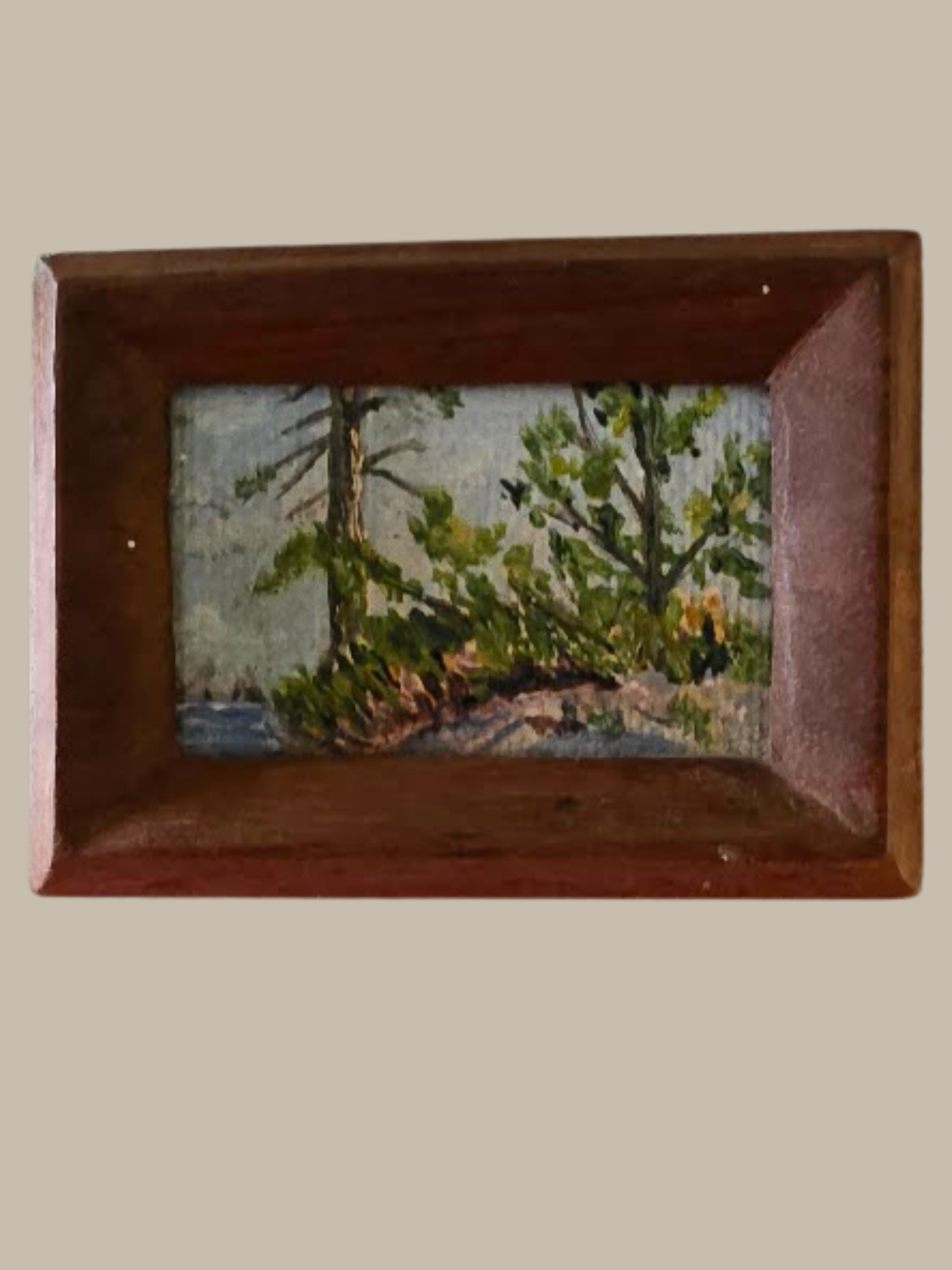  Title: Untitled, Medium: Oil framed in Black Walnut, Description: Trees growing among the Canadian Shield near the water, painted by Frankie MacArthur and housed in a handcrafted rectangular wooden frame by Grant MacArthur 