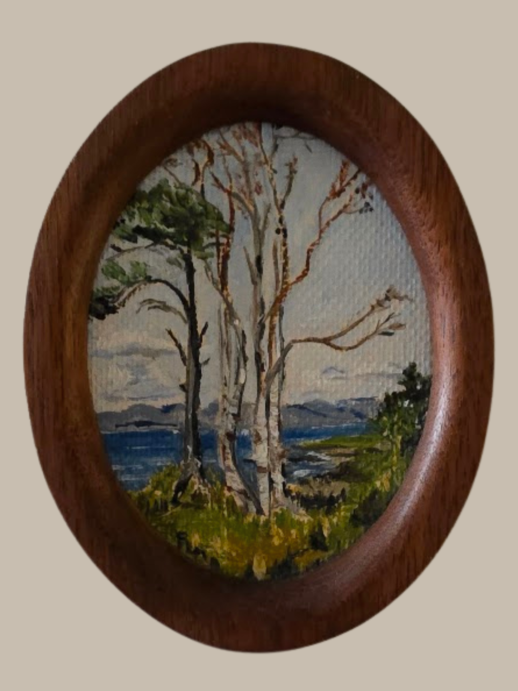  Title: Untitled, Medium: Oil framed in Black Walnut, Description: Birch trees near the water, painted by Frankie MacArthur and housed in a handcrafted oval black walnut frame by Grant MacArthur 