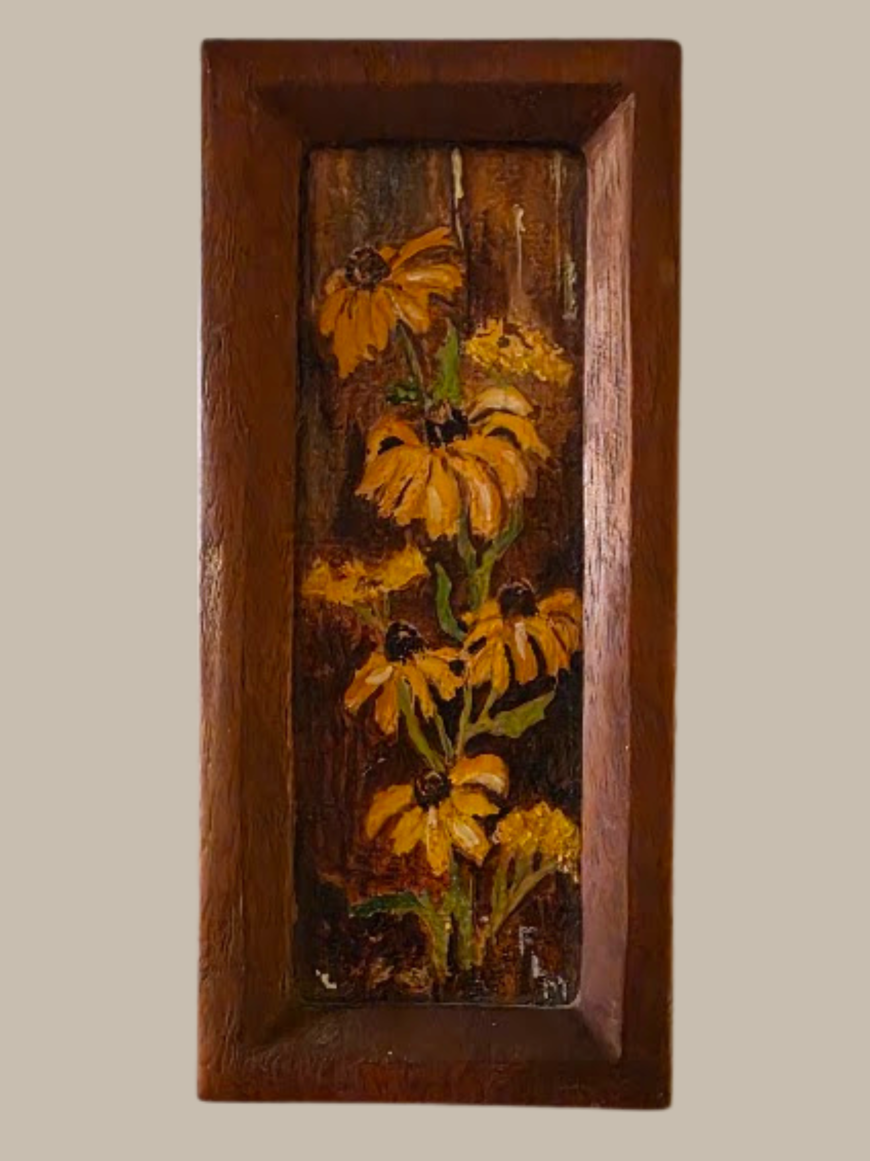  Title: Untitled, Medium: Oil framed in Black Walnut, Description: A cluster of blooming black-eyed Susans against a wooden fence, painted by Frankie MacArthur and housed in a handcrafted rectangular wooden frame by Grant MacArthur 
