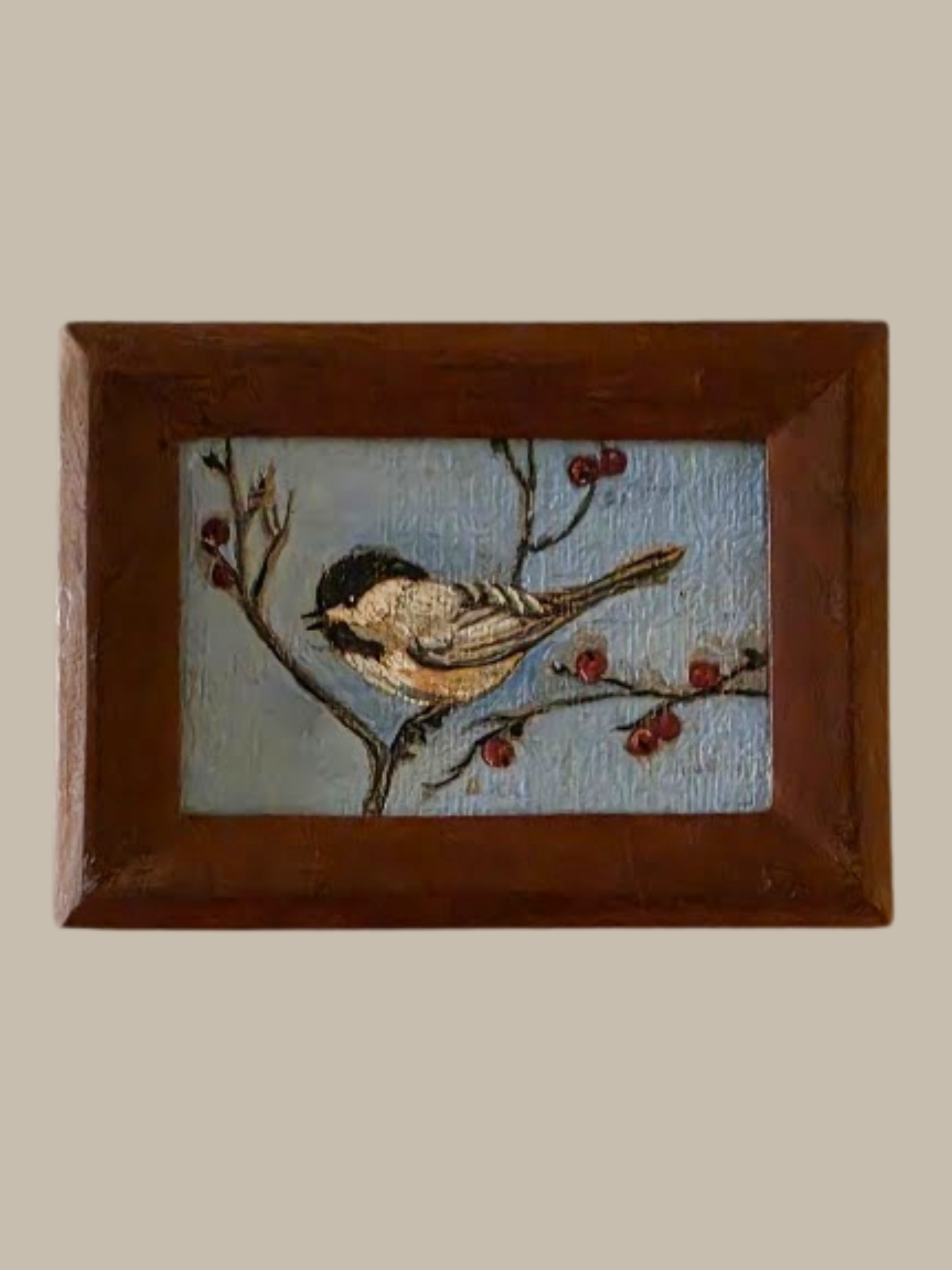  Title: Untitled, Medium: Oil framed in Black Walnut, Description: A chickadee perched on a winterberry branch, painted by Frankie MacArthur and housed in a handcrafted rectangular wooden frame by Grant MacArthur 