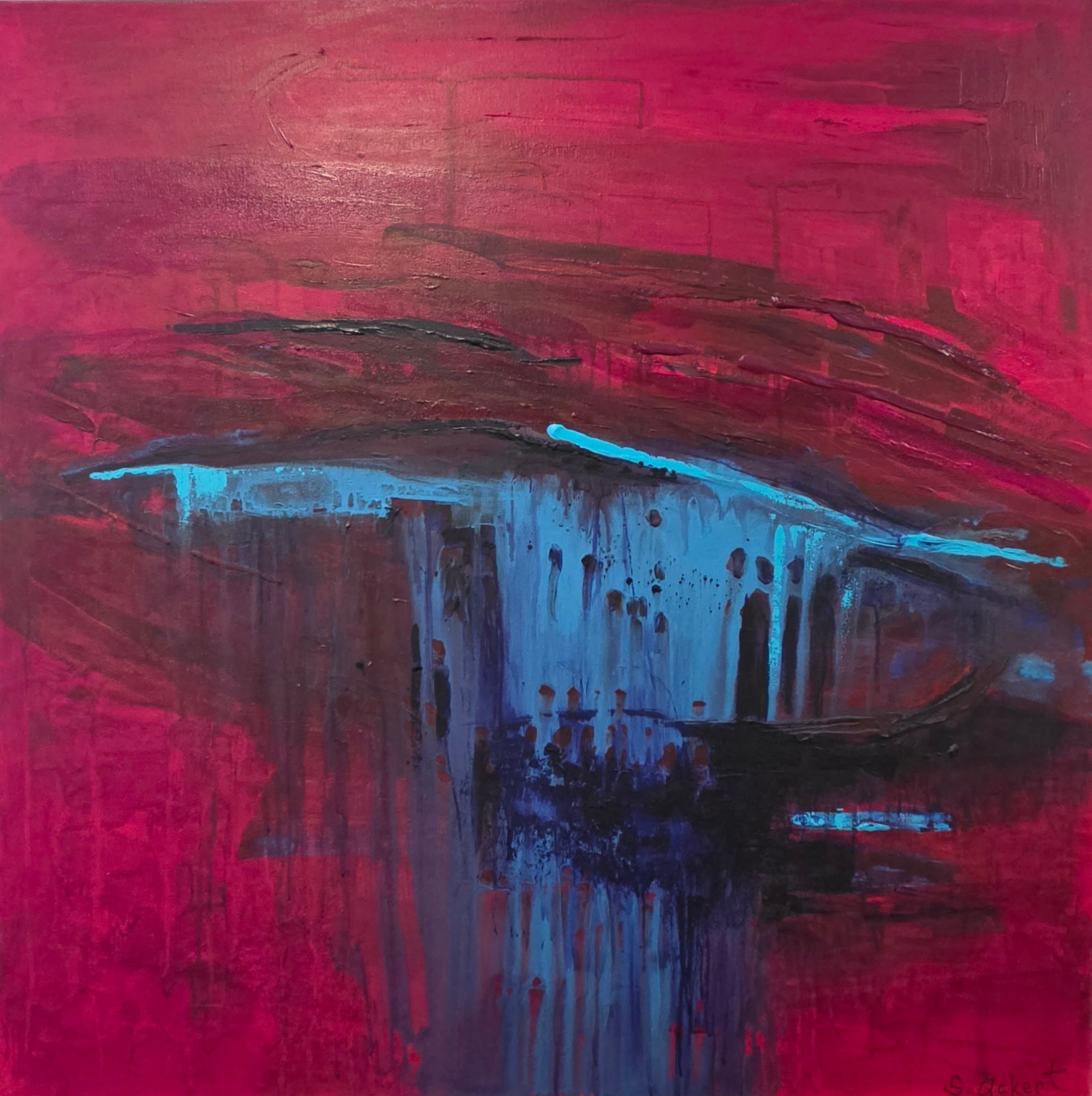 Title: Red Jasper, Medium: Acrylic on canvas, Date: 1997, Description: Red and blue drip abstract.