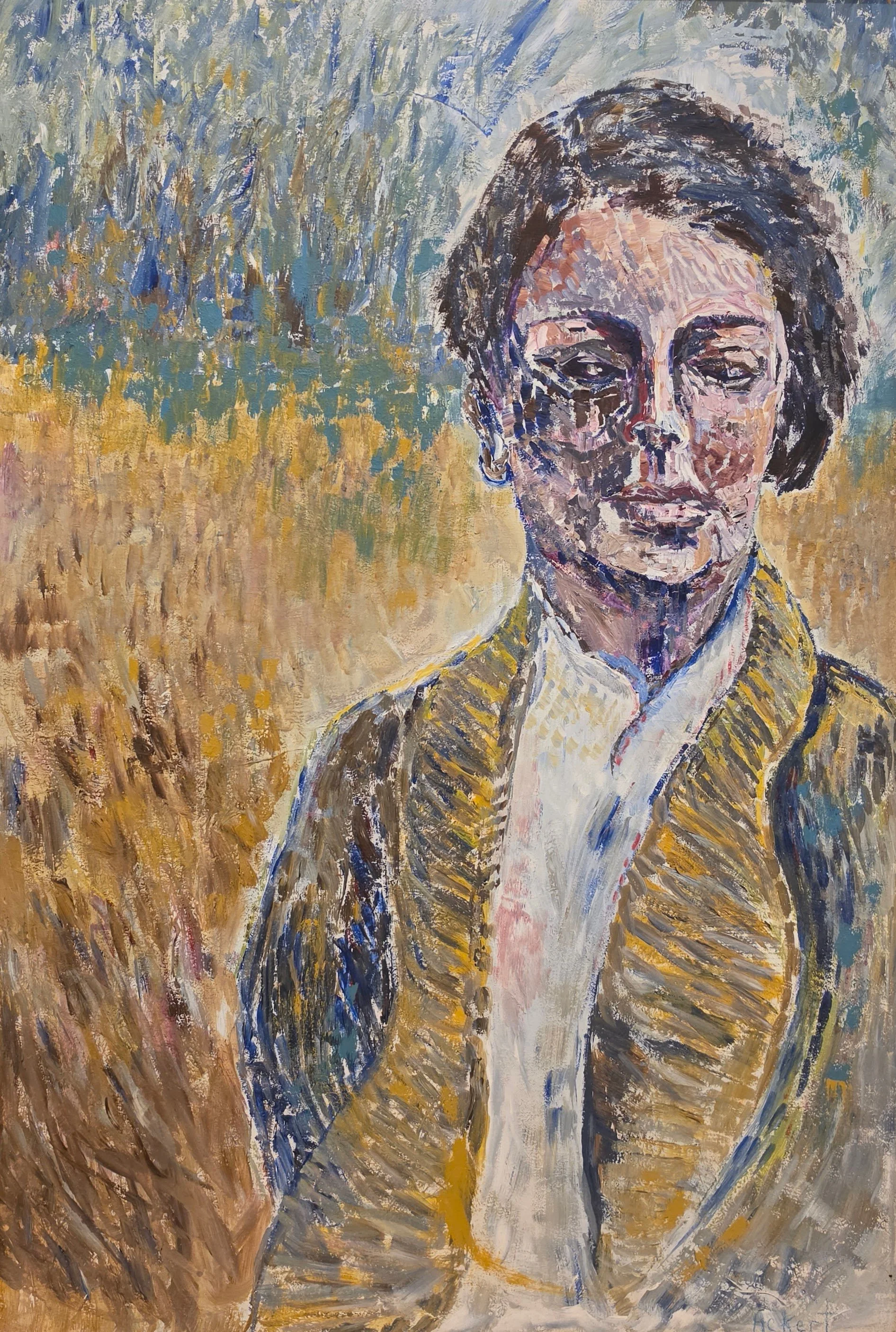 Title: Self Portrait, Medium: Acrylic on board, Date: 1982, Description: Van Gogh styled self-portrait in the fields at Cedarwood Farm on Sturgeon Rd.