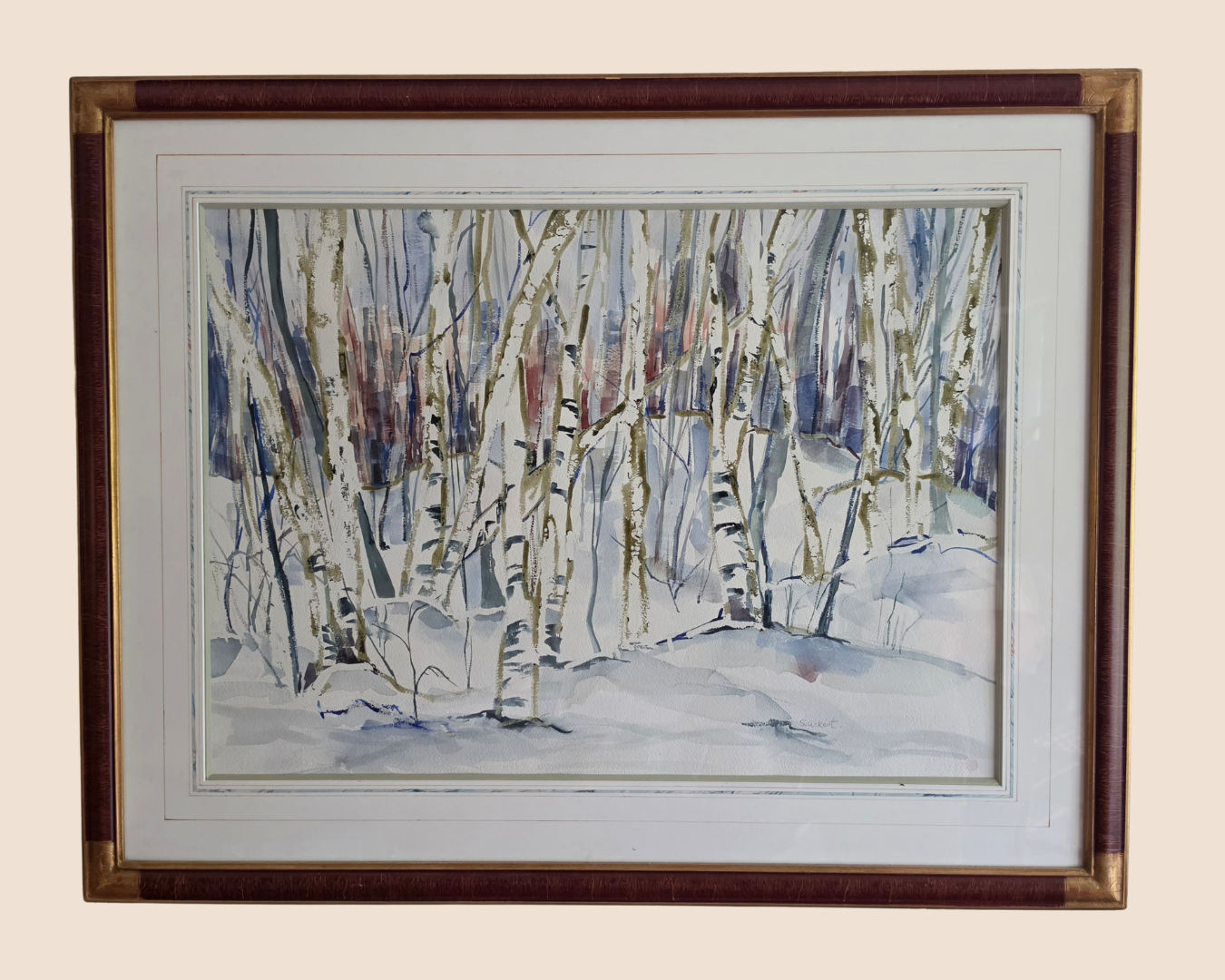 Title: Winter Birches, Medium: Watercolour, Date: 2001, Description: Birch trees in winter. Painted in Collingwood. Framed in France.