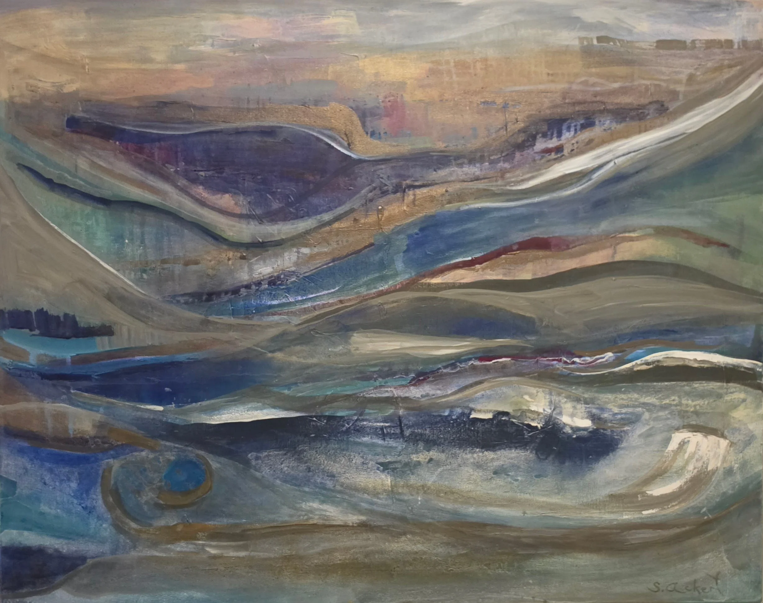 Title: Stonescape, Medium: Acrylic on canvas, Date: 1978, Description: Blue, green, gold, and purple abstract.
