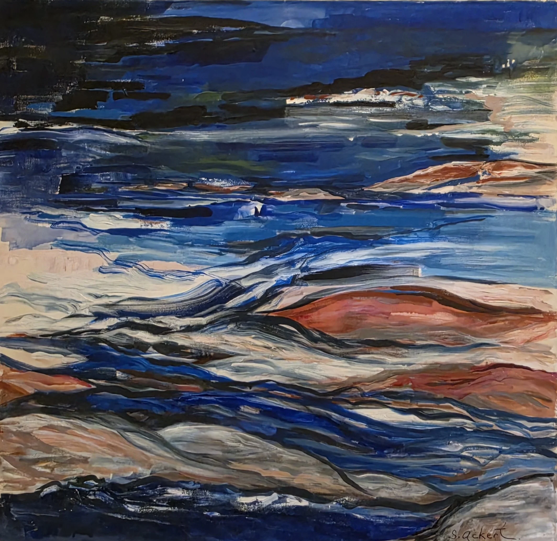 Title: On the Rocks #2, Medium: Acrylic on canvas, Date: 2006, Description: Blue abstract coastal.