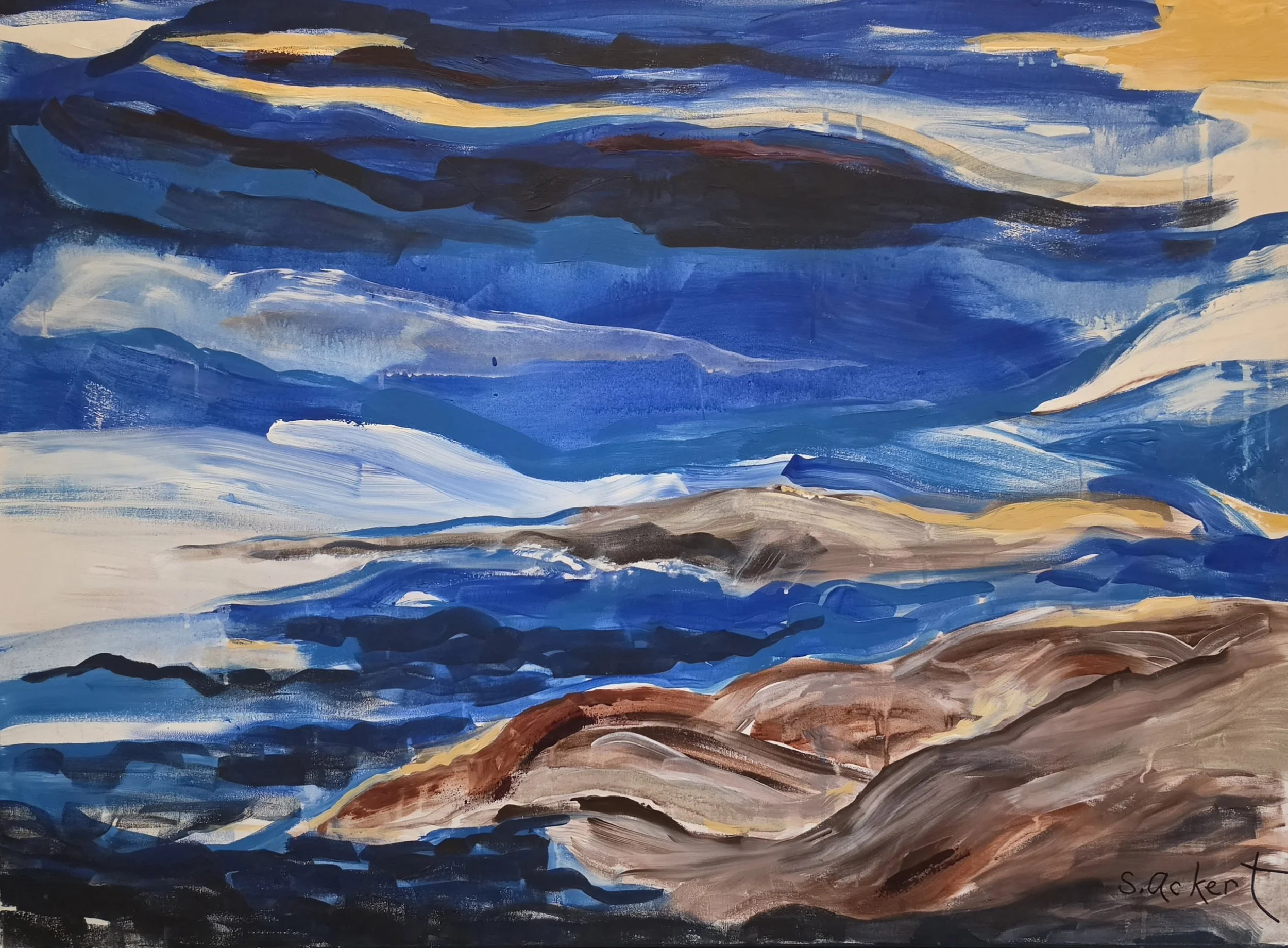 Title: On the Rocks #1, Medium: Acrylic on canvas, Date: 2006, Description: Blue abstract coastal.