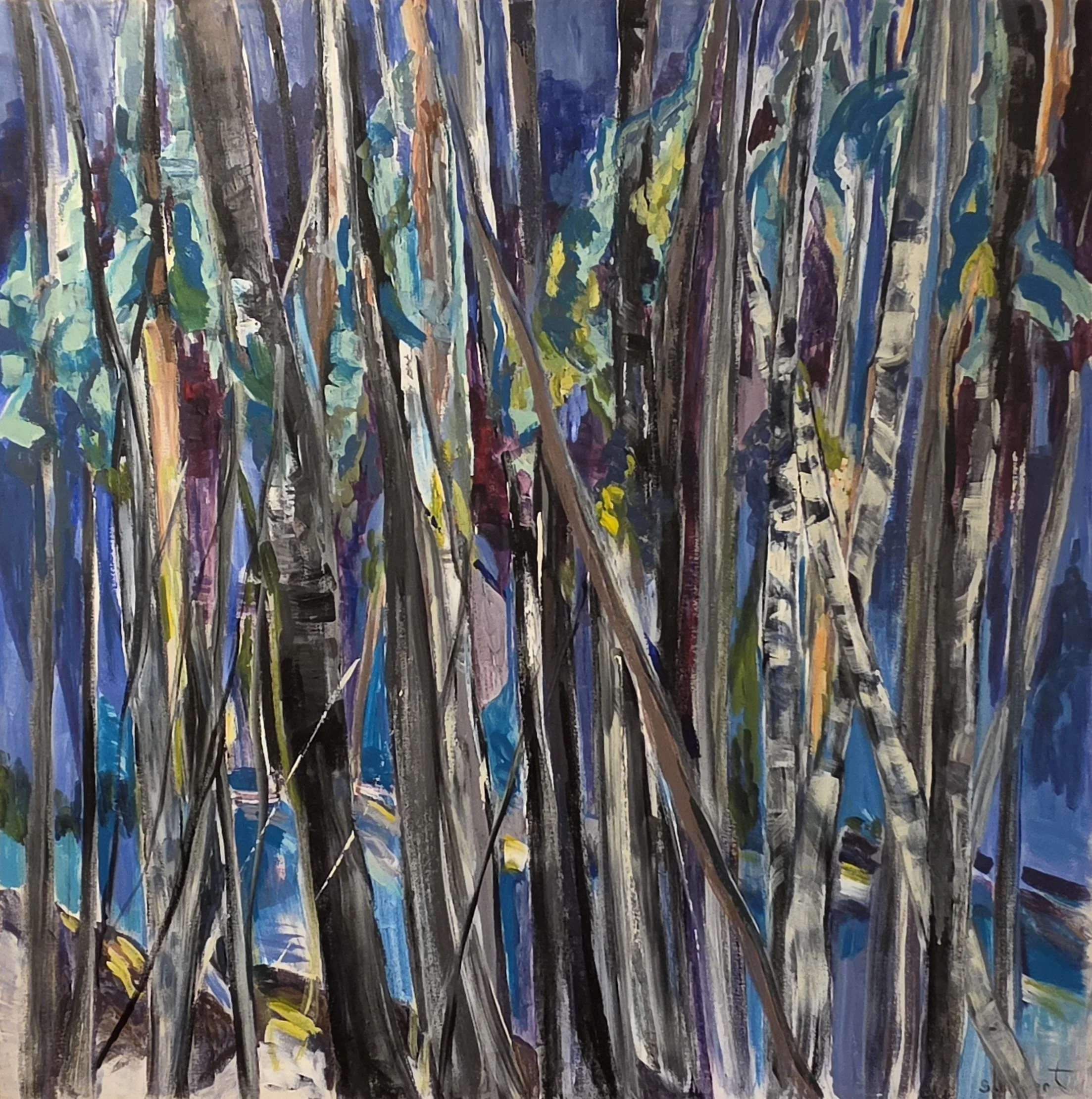 Title: A River Runs Through, Medium: Acrylic on canvas, Date: 2022, Description: Abstract perspective of the Drag River in Minden, ON.