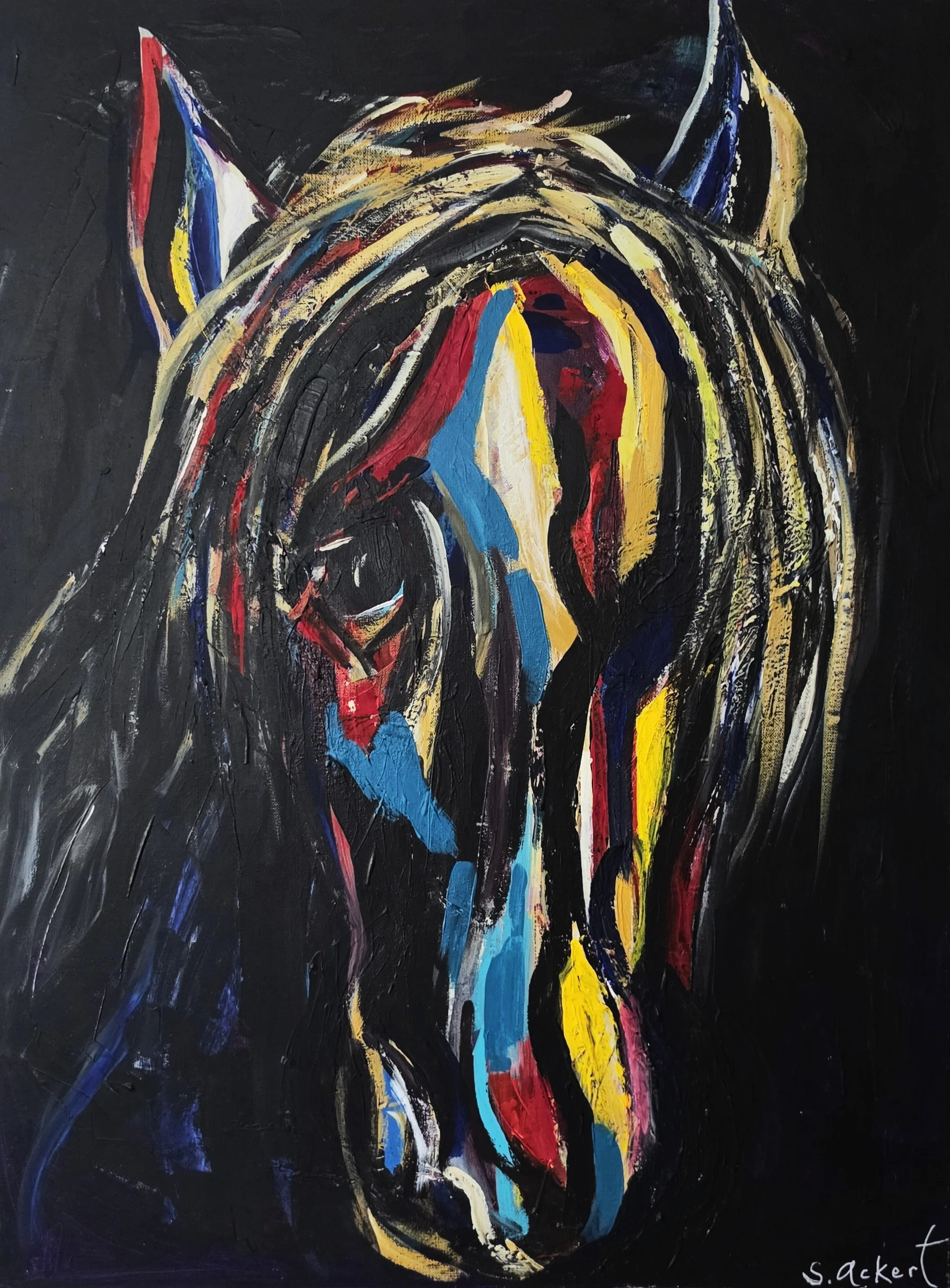 Title: Cowboy, Medium: Acrylic on canvas, Date: 2019, Description: Portrait of Sandra's granddaughter's horse, Cowboy.
