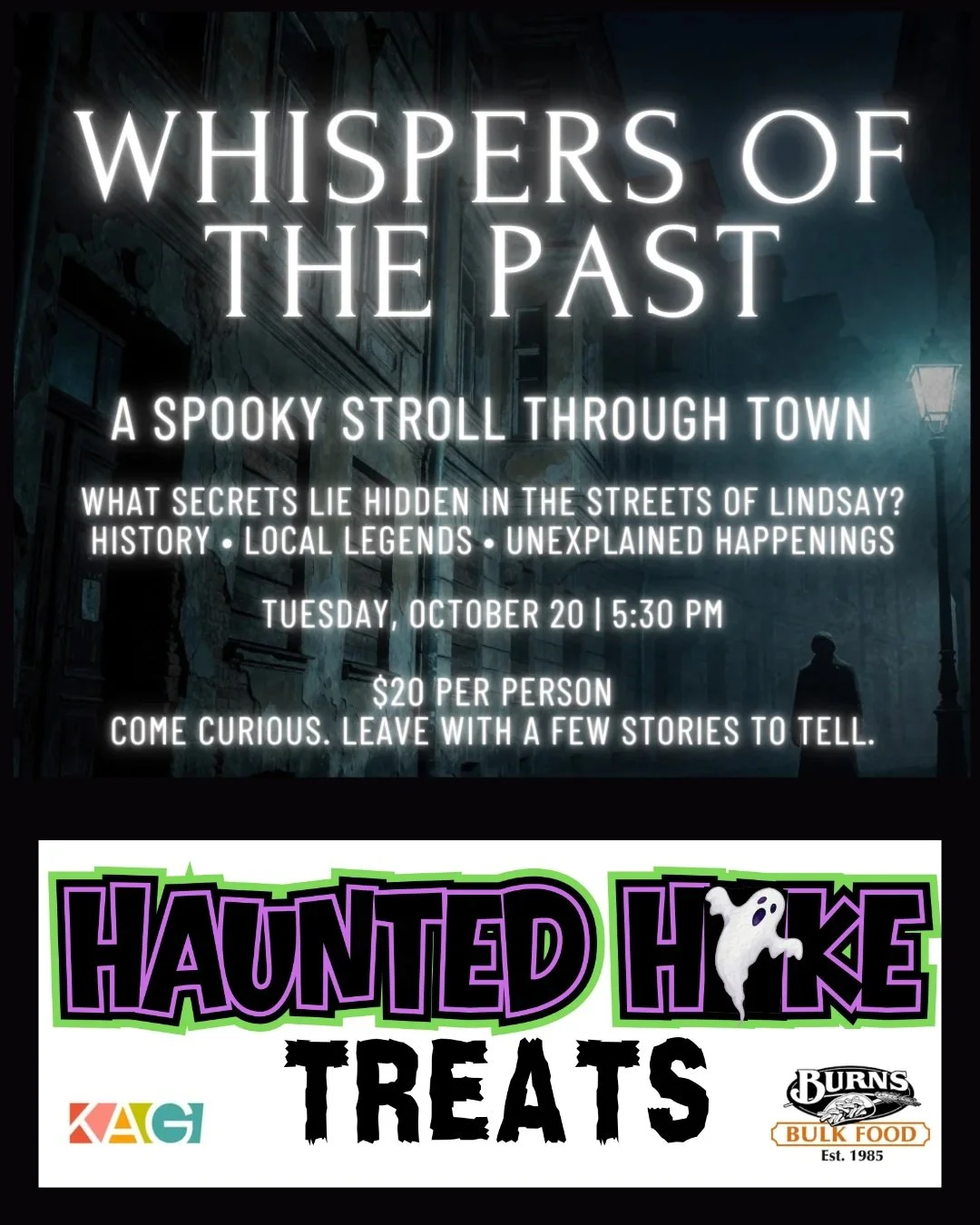 Something spooky-sweet is brewing! 

Kawartha Art Gallery is teaming up with Burns Bulk Food for Whispers of the Past! 

A limited number of spooky-good treat bags will be up for grabs, but they&rsquo;ll disappear faster than a ghost in the night! 

