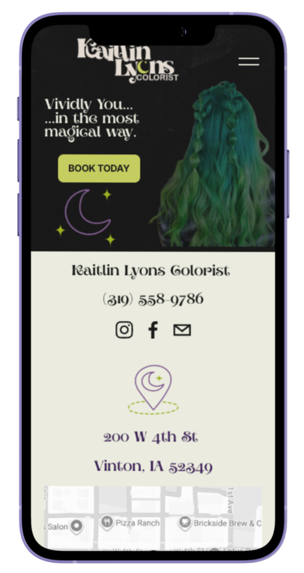 Mobile website design for Kaitlin Lyons Colorist featuring vivid teal hair photography, online booking button, contact information, salon location, and responsive user experience.
