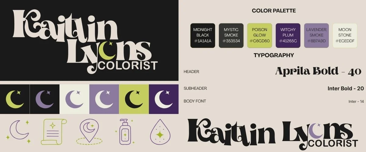 Kaitlin Lyons Colorist brand identity system featuring custom logo design, moon-inspired iconography, color palette, typography guidelines, and website branding assets for a vivid hair color specialist in Vinton, Iowa.