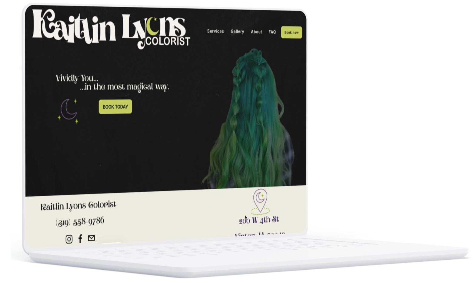 Custom website design for Kaitlin Lyons Colorist displayed on a laptop screen, featuring a moon-inspired brand identity, vivid teal hair photography, online booking call-to-action, and responsive salon website design.