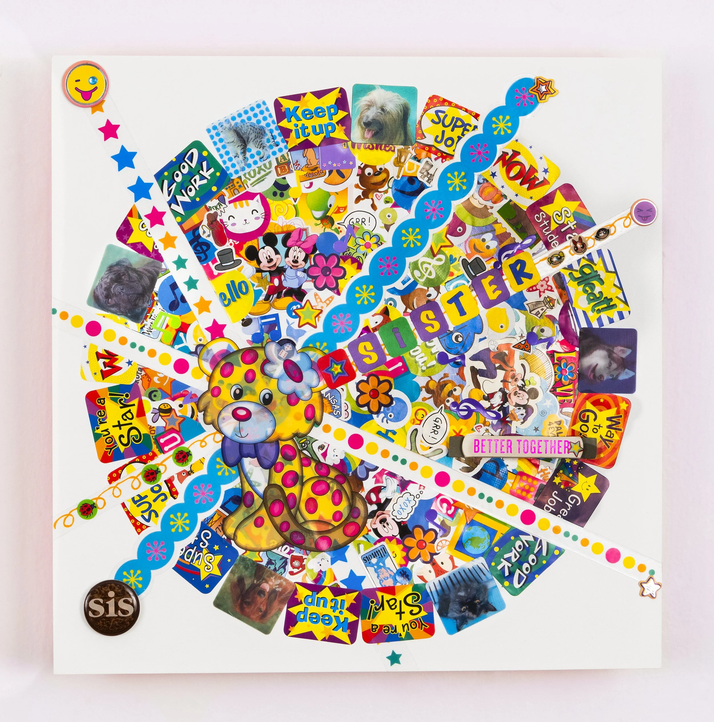Stickers!: A Study in Class, Gender, and the Suspicion of Joy (detail), recycled stickers, paper, wood, acrylic paint