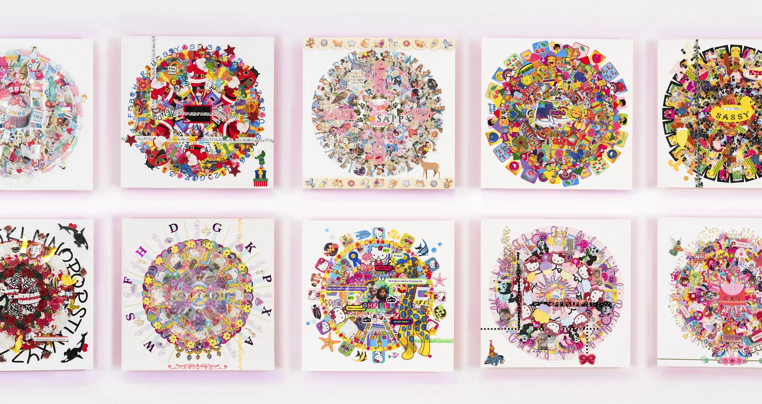 Stickers!: A Study in Class, Gender, and the Suspicion of Joy (detail), recycled stickers, paper, wood, acrylic paint