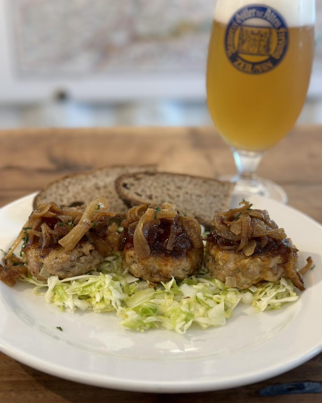 Hello, we are excited for our summer menu, starting tomorrow. 
So please try them and we would love to hear some feedback from you. 

Appetizer:
Biergarten Teller:  3 pork Pattie&rsquo;s served on coleslaw, topped with tomato jam and beer flavored ca