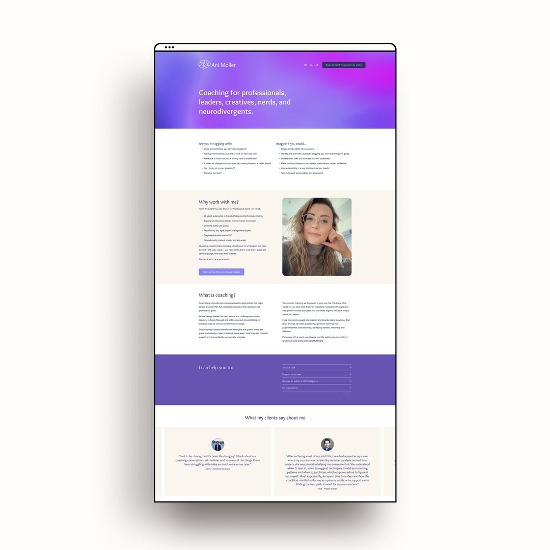 The beginnings of a new web presence for @professionalaudie, an incredible coach who has been invaluable to me this year. This delightfully purple landing page is live now, with the rest of the website to come in 2024!⁣.
.
. 
#deckhandcreative #squar