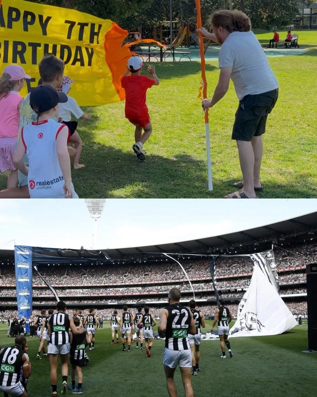 Happens to the best of them! Unfortunately, Fox had a 2018 @collingwood_fc @afl GF banner moment 🤣 

#banner #afl #collingwood #birthday #littlefoxes