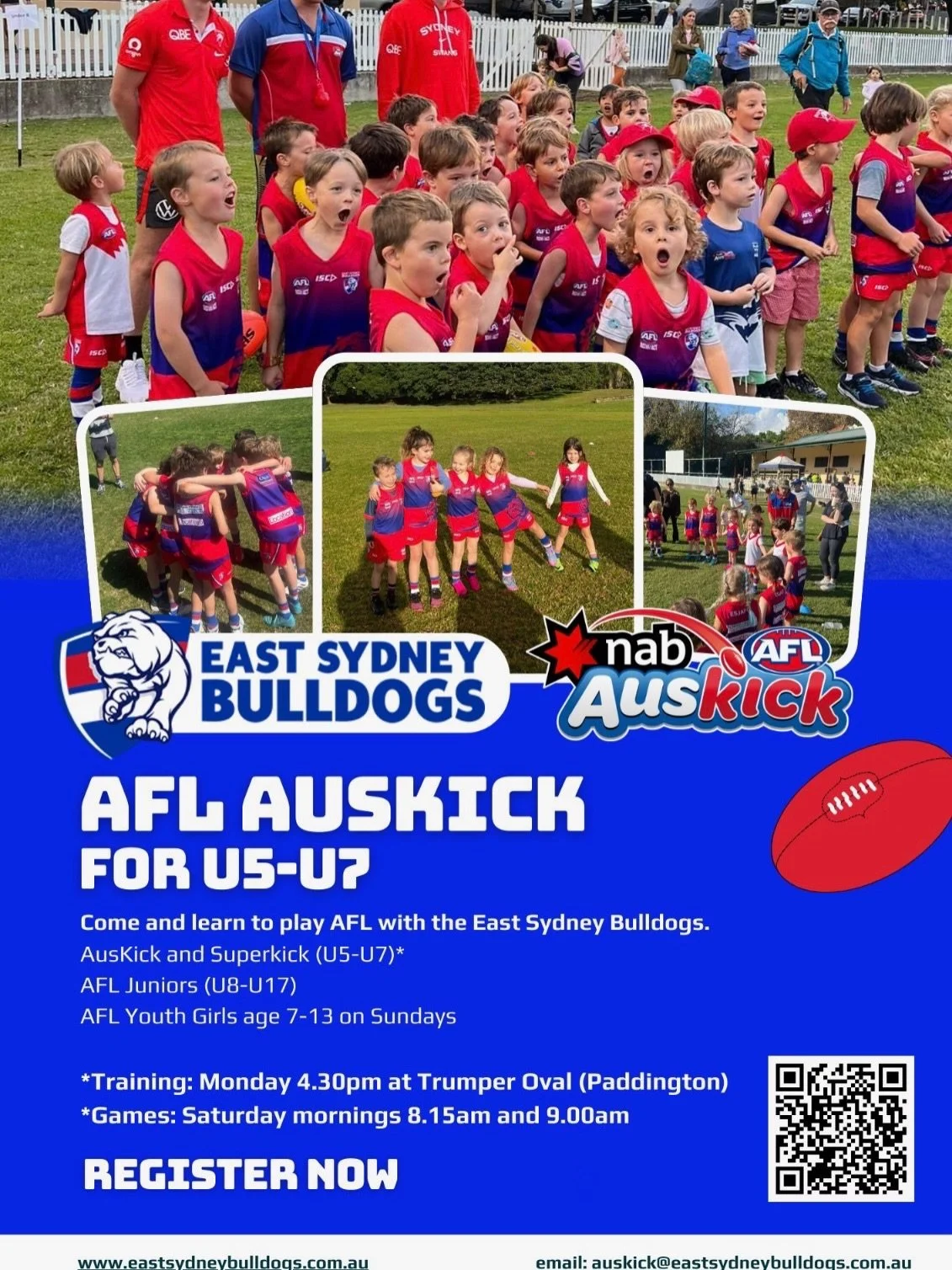 Many parents have asked us about club football &amp; @aflauskick 💁🏼&zwj;♂️

There are 3 junior clubs on the East side:

🐶 @eastsydneybulldogs 
- train at Trumper Oval, Paddington

😇 @maroubrasaintsjuniorafl 
- train at Heffron Park, Maroubra

🐅 
