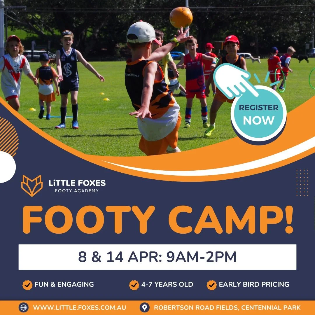 Looking for a fun and active school holiday camp?

Little Foxes Footy Academy is hosting school holiday AFL footy camps at Robertson Road Fields, Centennial Park for kids aged 4-7! Designed for younger players, our camps focus on fun, skill developme