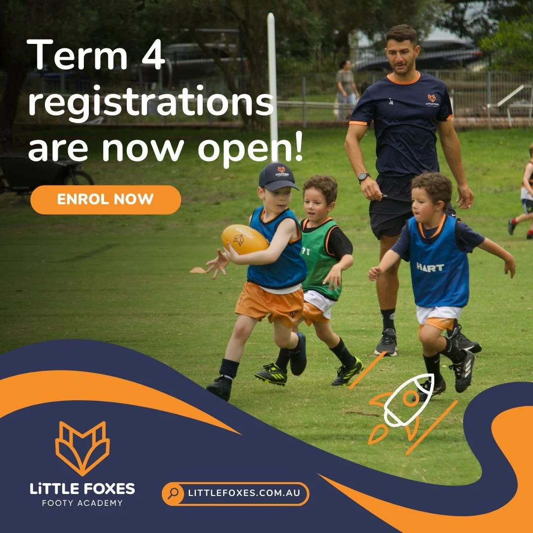 🔥 We're now taking registrations for Term 4!

The Auskick season has come to an end, but the footy fun doesn't have to! Join Little Foxes next term and keep building skills, confidence and a love of the game.

Little Foxes Footy Academy is Sydney&rs