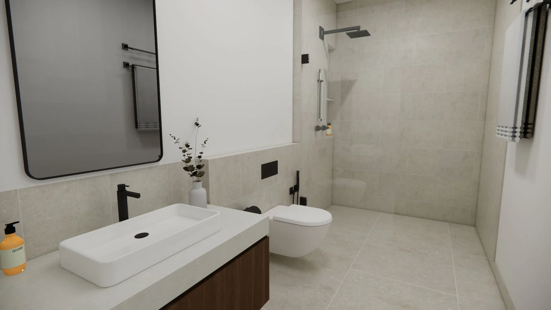 Clean spacious bathroom with tiled shower and single vanity with quartz countertop