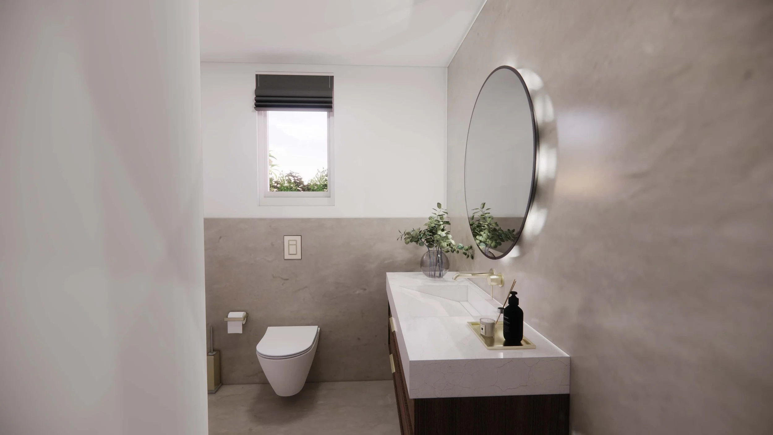 Remodeled  powder room, using clean lines and lighting. 