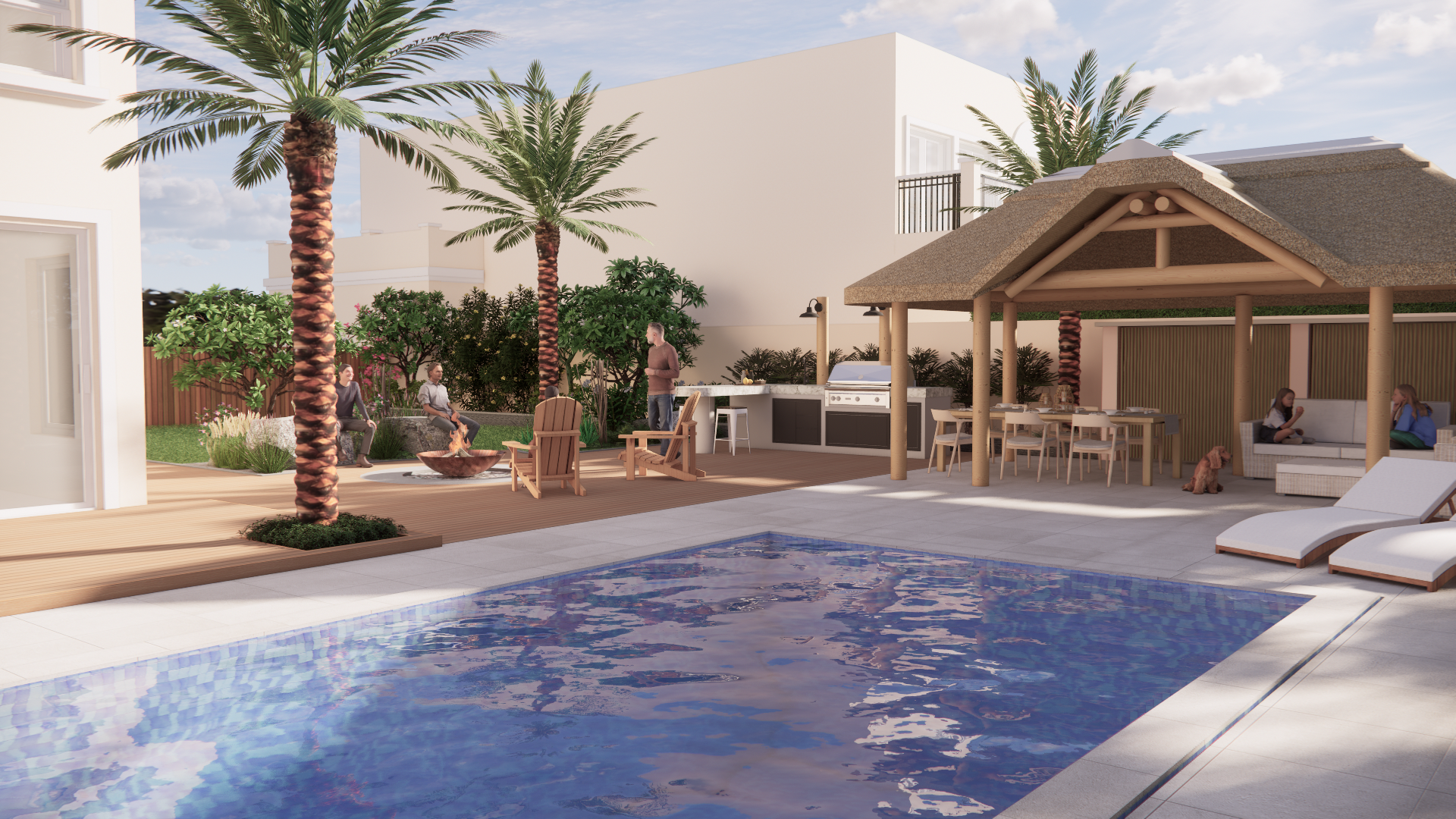 Tropical backyard with lush foliage, Large pool with gorgeous deck and tiling around pool