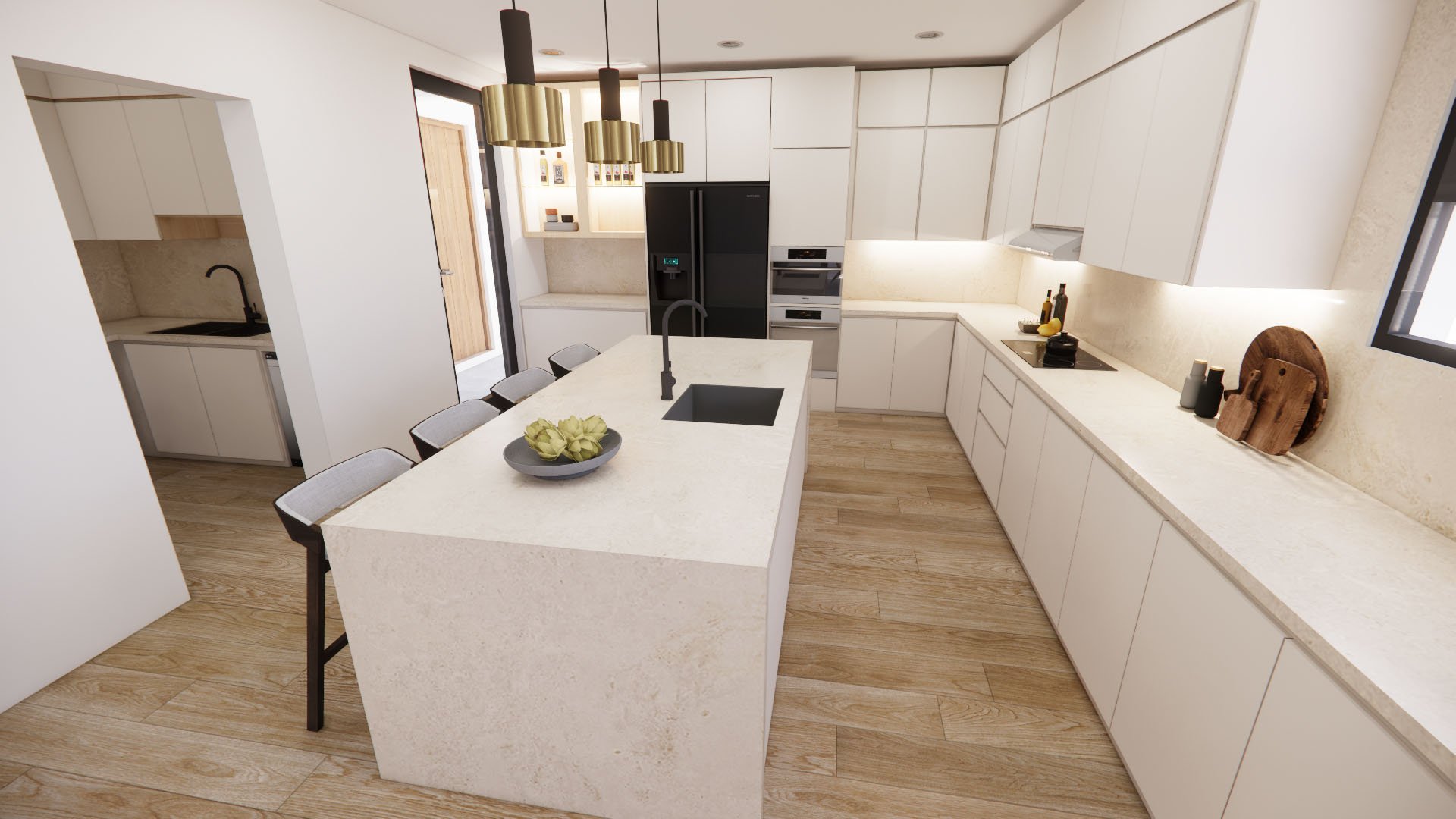 Modern closed kitchen with a large island, white sleek cabinets and butlers pantry