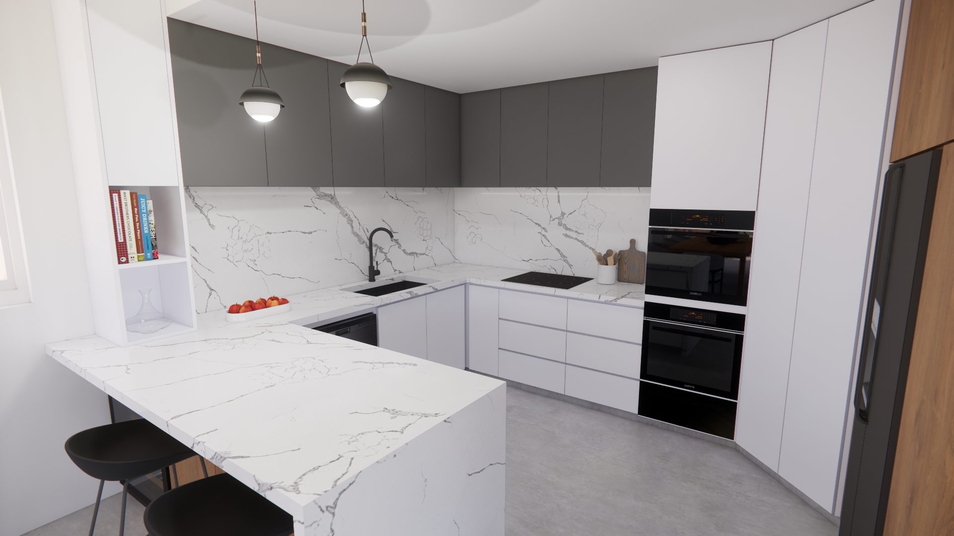 Open-concept kitchen featuring marble countertops, white and gray cabinetry, and integrated appliances.
