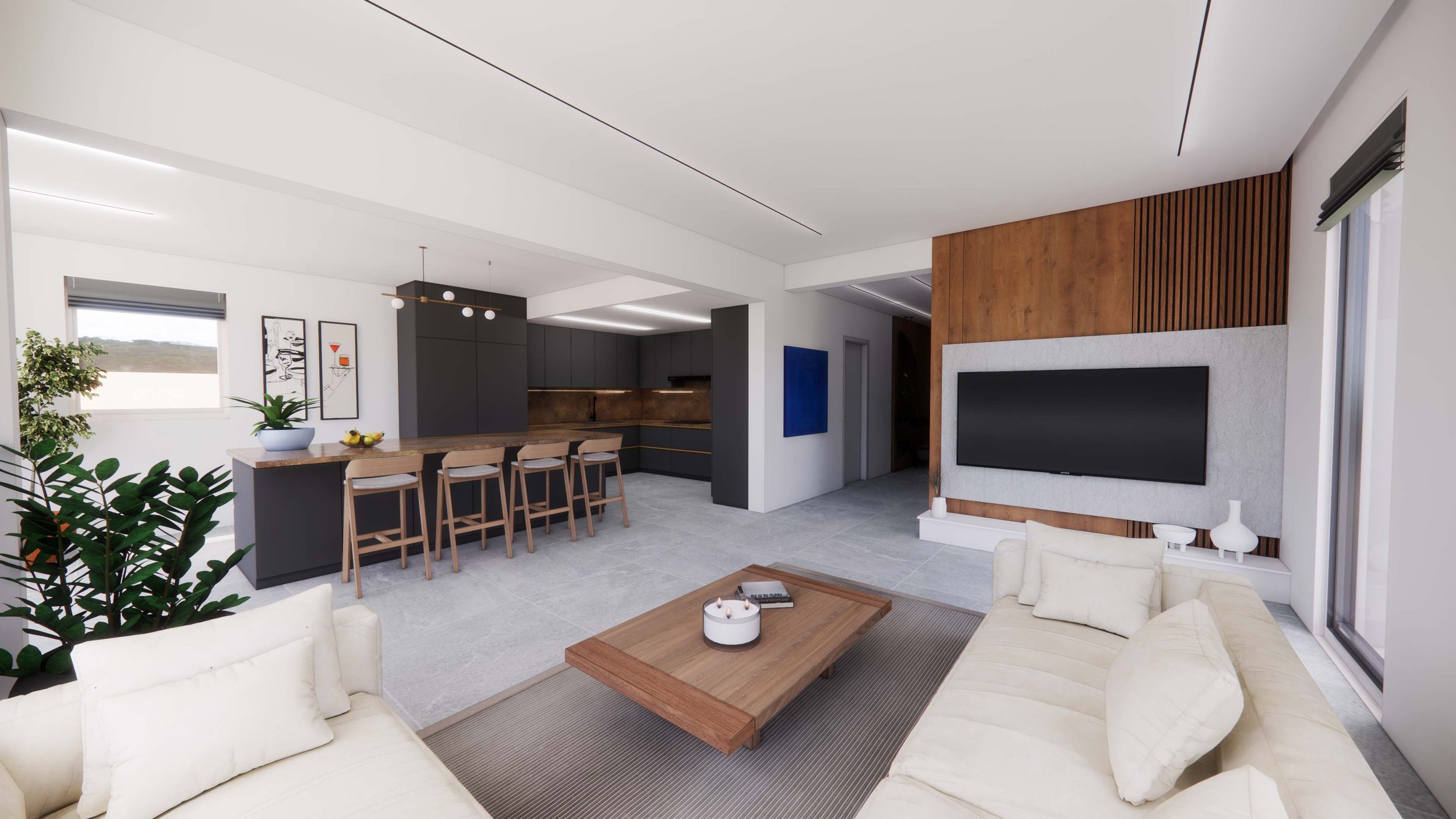 Sleek living area design, using clean lines and good lighting