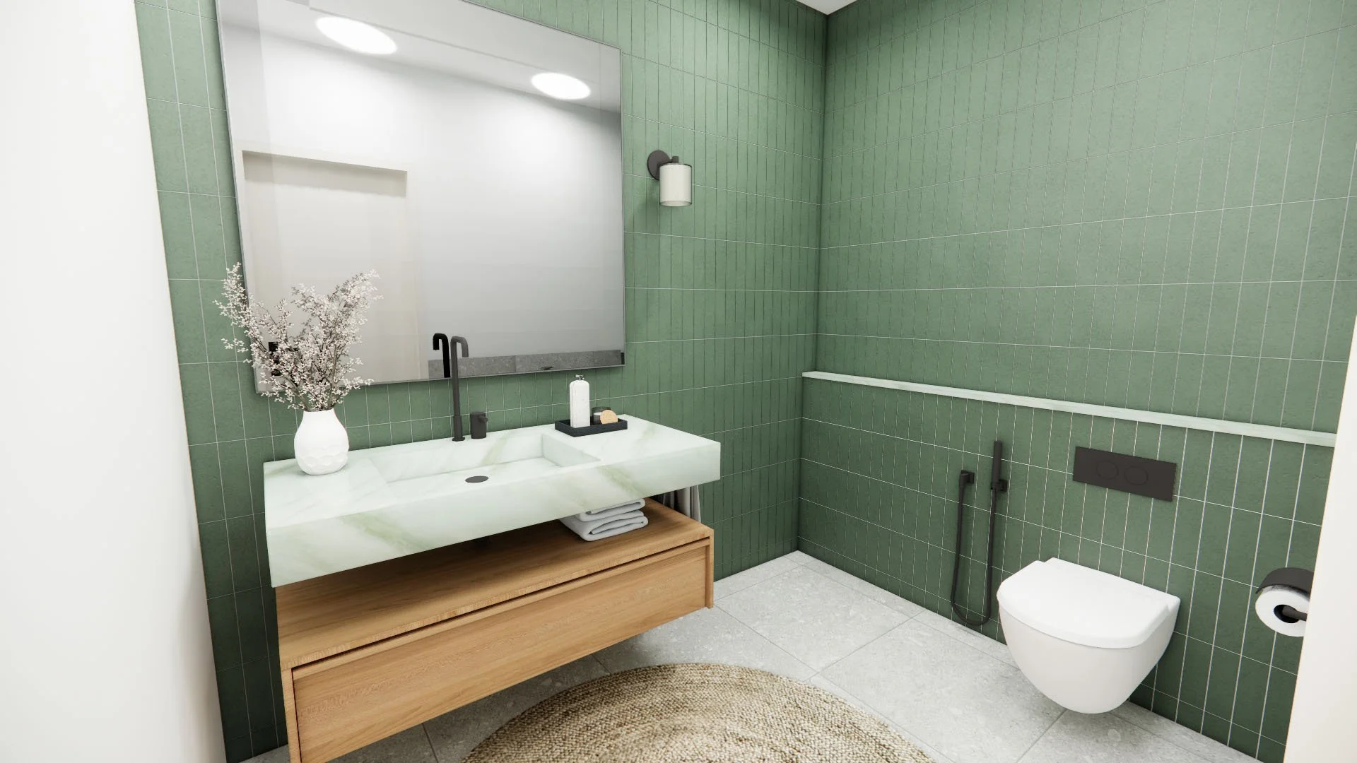 Spacious guest bathroom, with floating green onyx and oak vanity