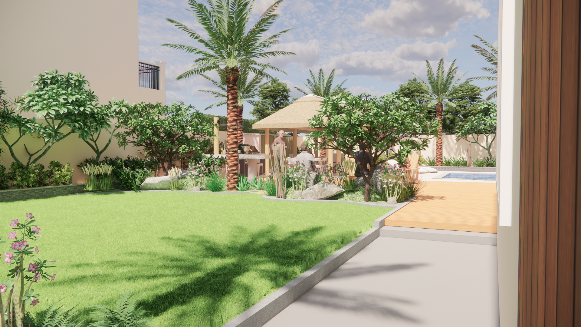 Lush tropical garden filled with a rich variety of plants, frangipani and palm trees in a cohesive space