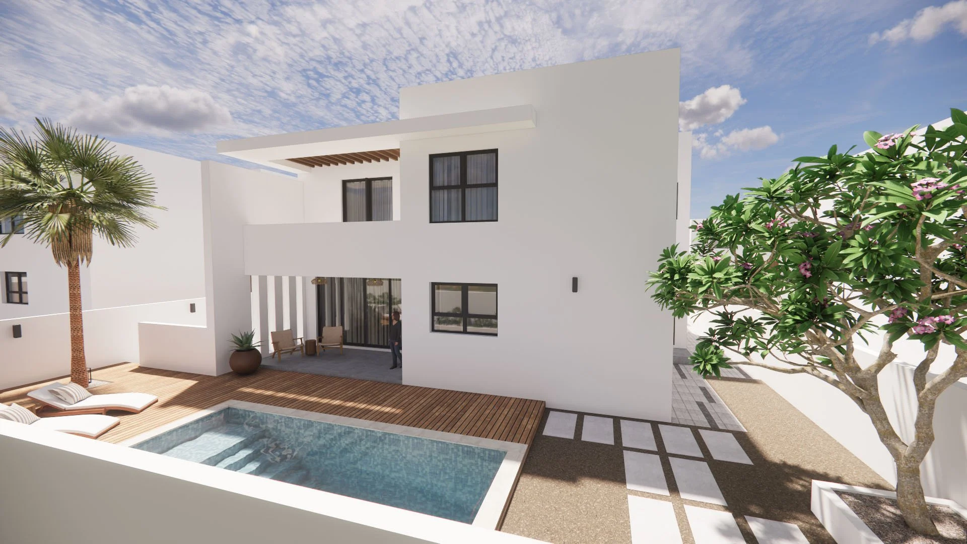 Modern architecture with balcony overlooking backyard and swimming pool