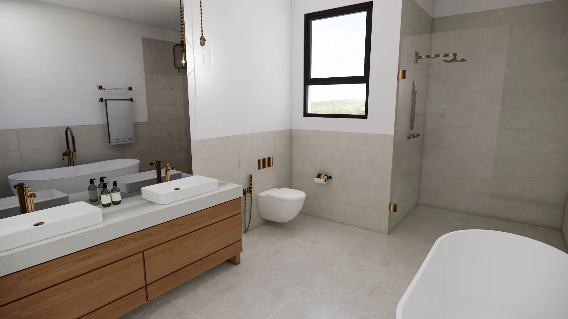Luxury primary bathroom, with twin vanity, walk-in shower and free-standing bath