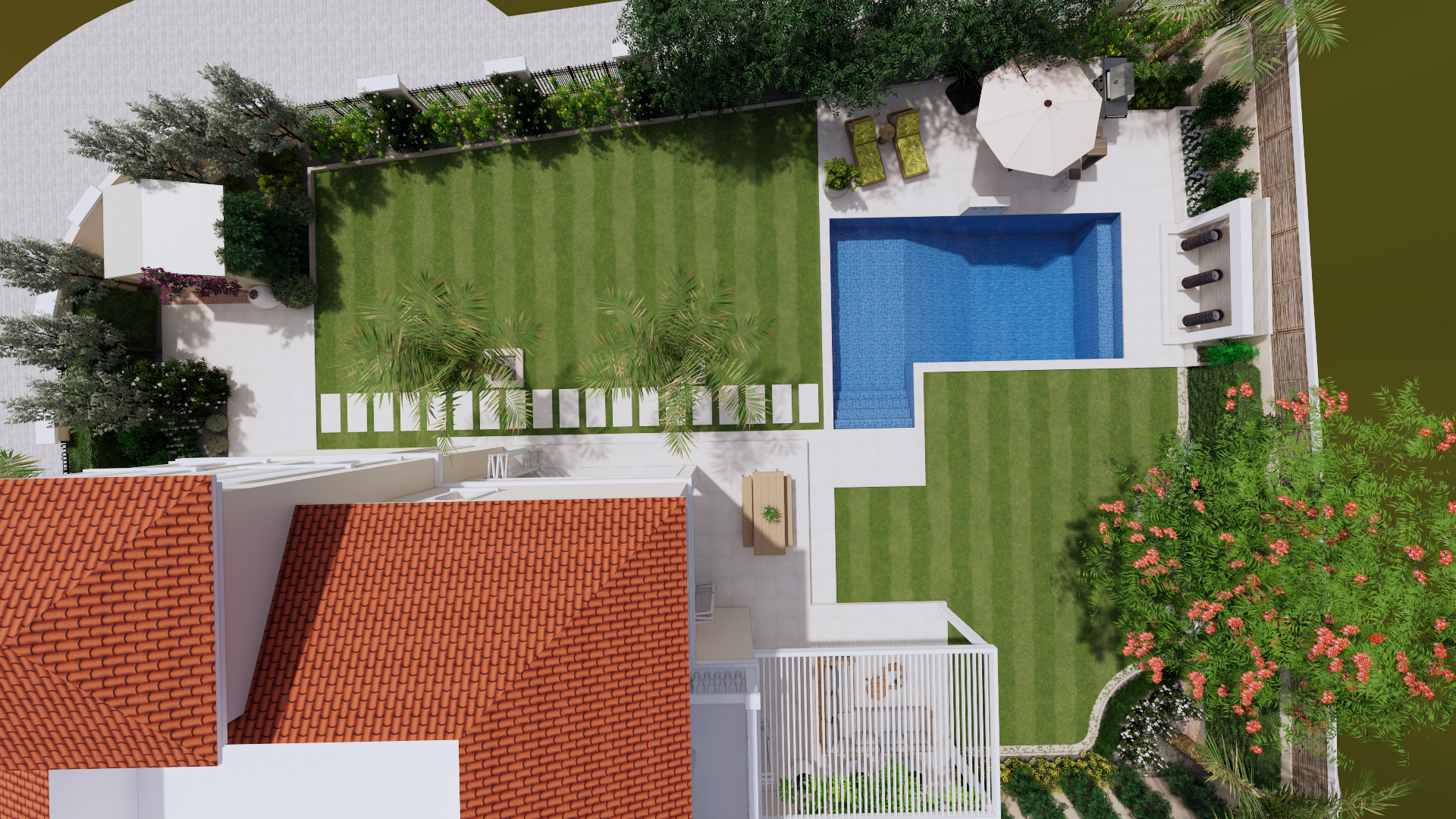 Aerial view of sustainable outdoor living space, swimming pool and lush traditional garden. 