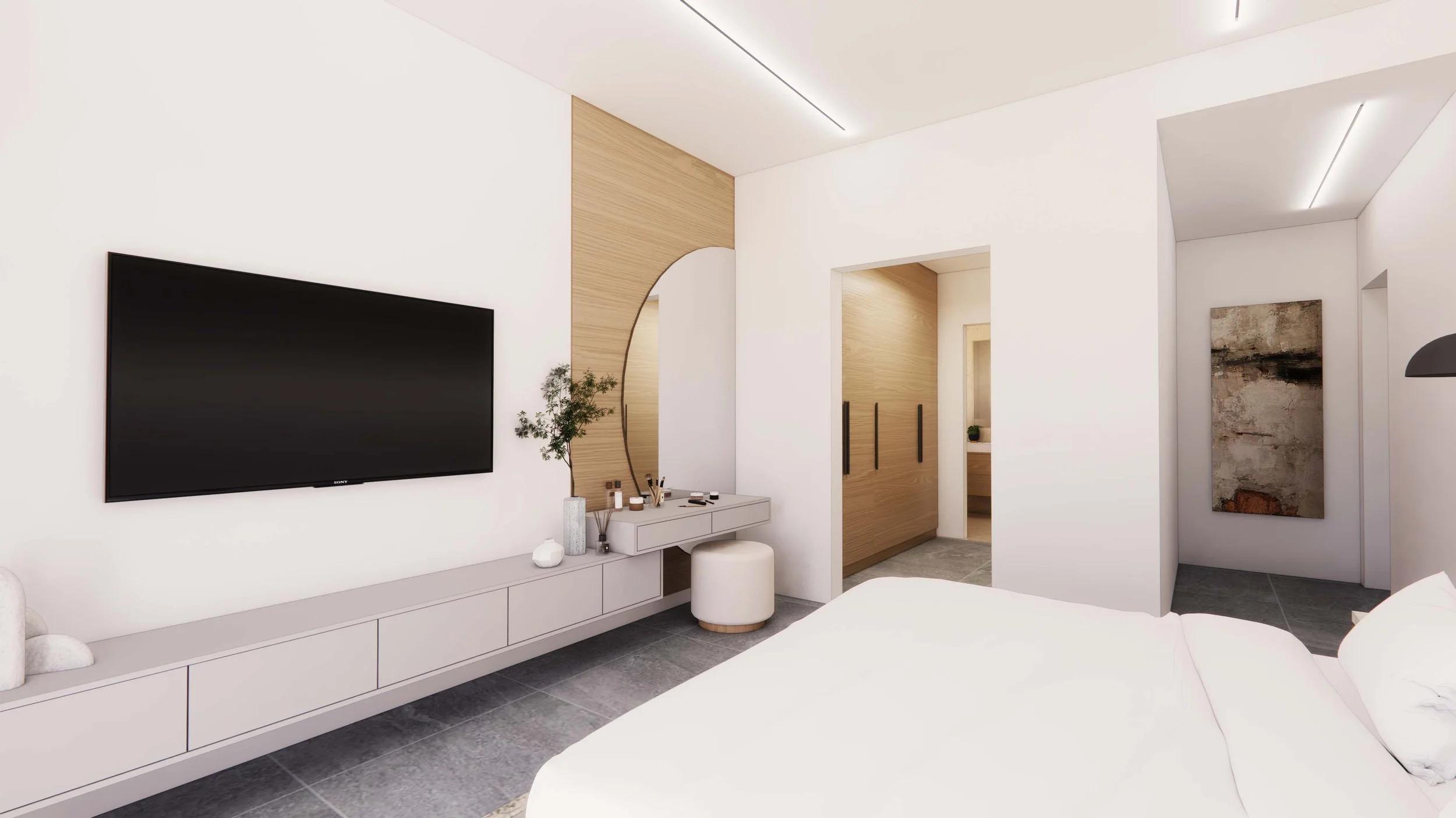 Minimalist main bedroom with built-in vanity, soft lighting, and wood accents.